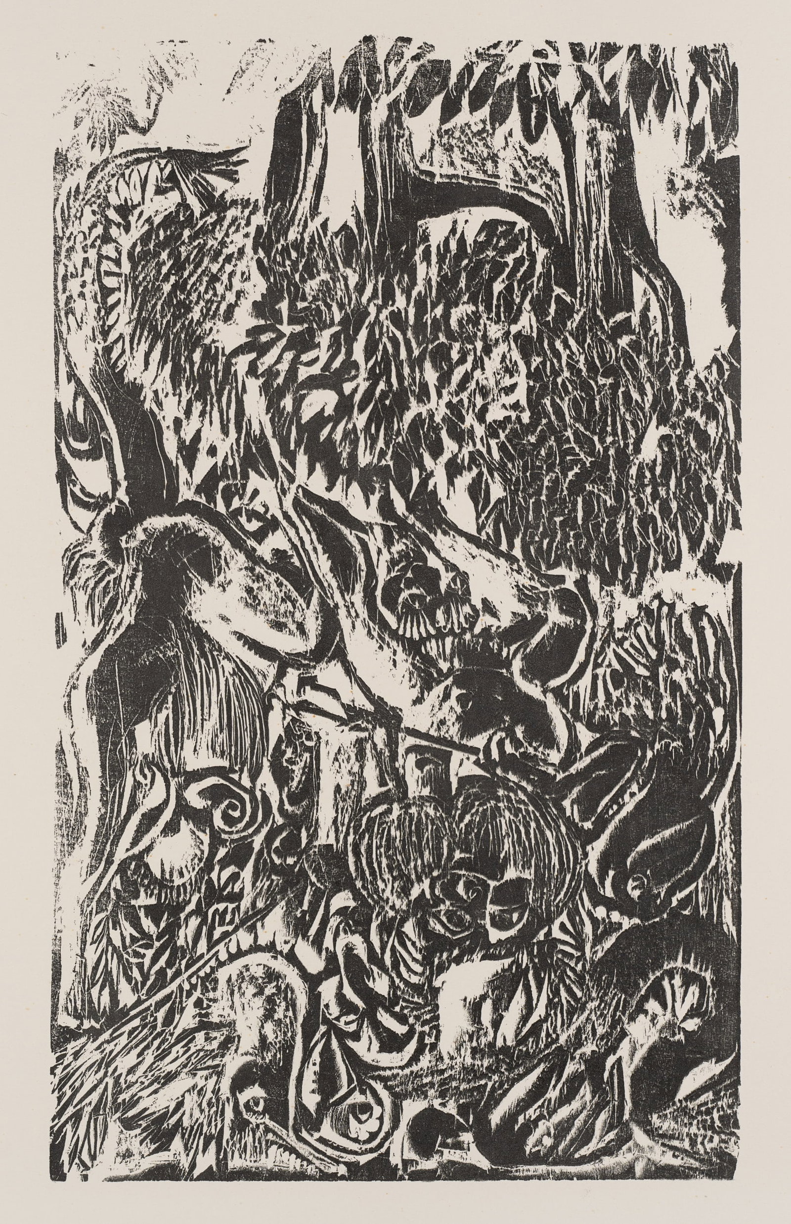 Unknown (20th), Abstract jungle scene. Dynamic composition, Woodcut (1 of 5)