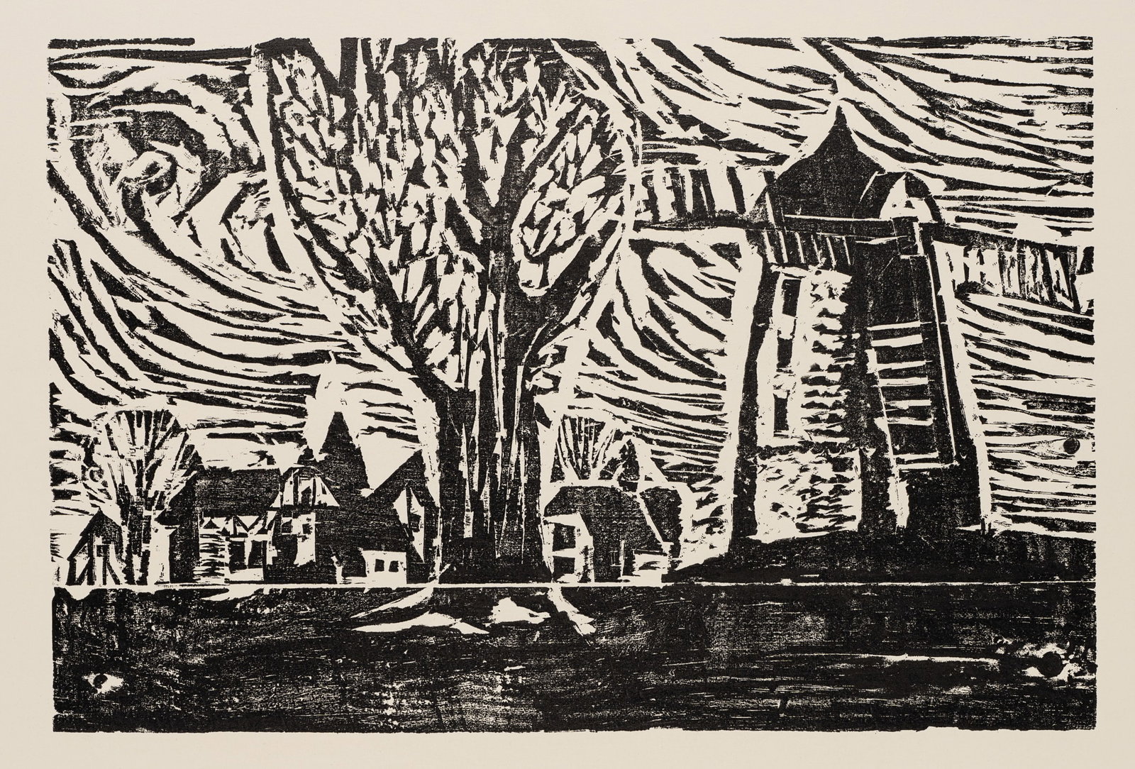 Unknown (20th), Abstract view of a village with a tree and a fortified tower, Woodcut (1 of 5)