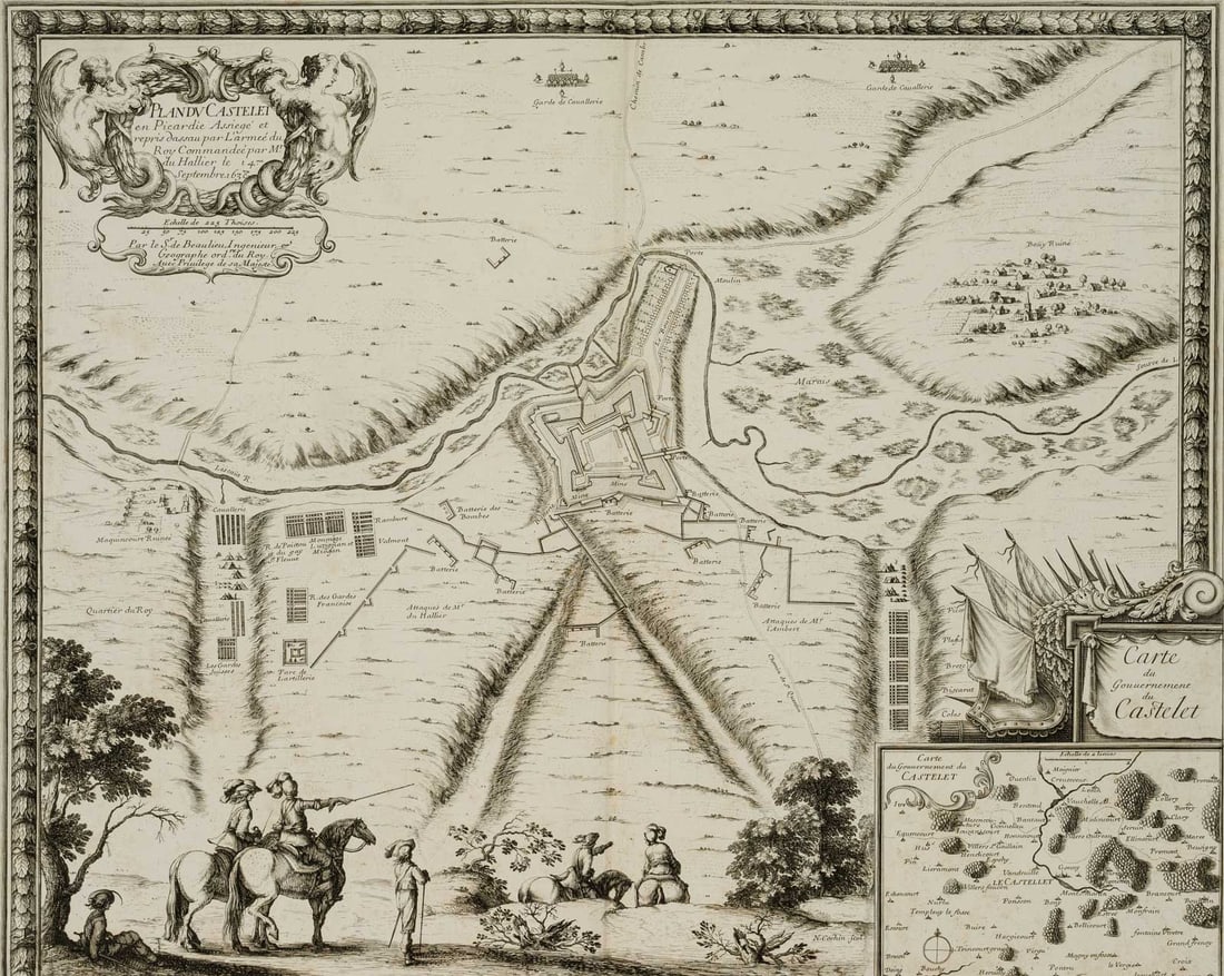 N. COCHIN (17th), Fortification at Castelet, Picardy, Copper engraving (1 of 4)