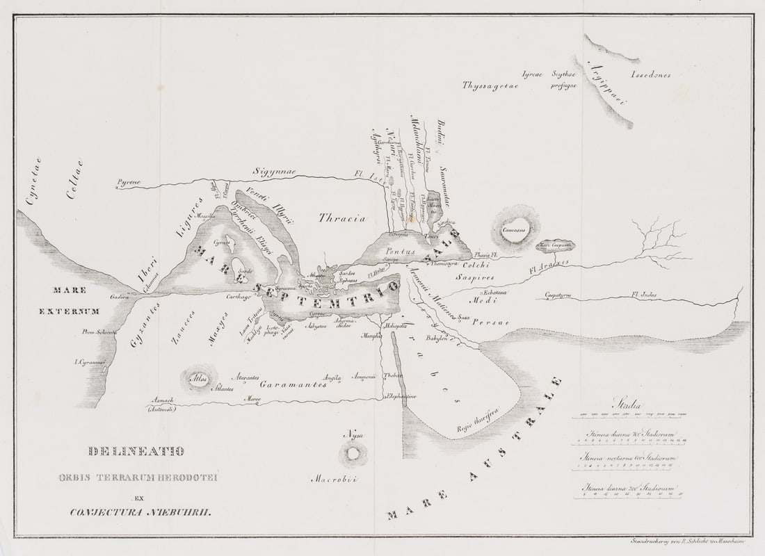 R. SCHLICHT (19th), Map of the Mediterranean region, Lithography with pen: Rudolf Schlicht (19th century): Map of the Mediterranean region 'Delineatio orbis Terrarum Herodotei', Latin inscription, 19th century, Lithography with pen Technique: Lithography with pen on Paper In