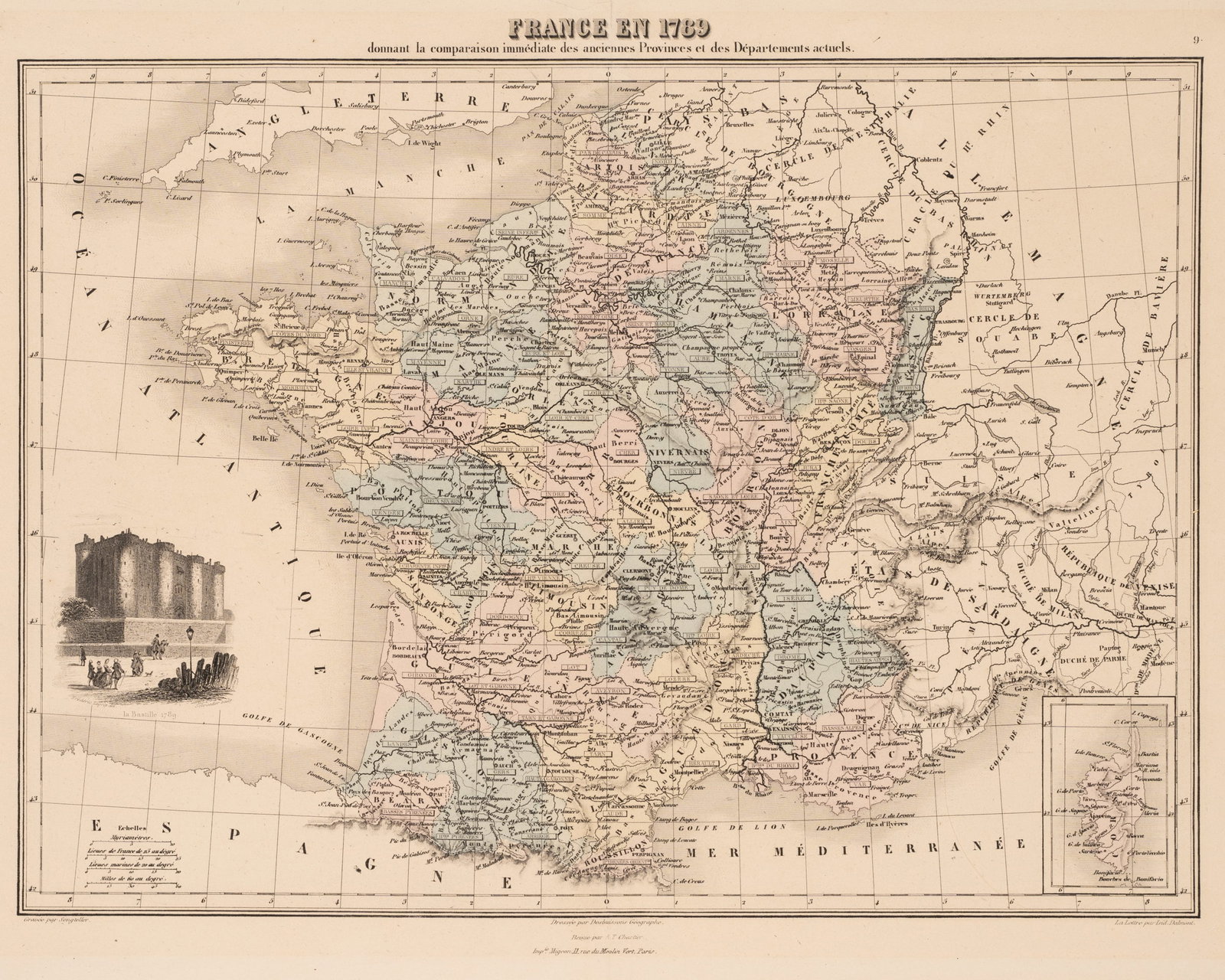 A. SENGTELLER (*1812), Map of France showing provinces and departments, around 1880, Steel engraving (1 of 5)