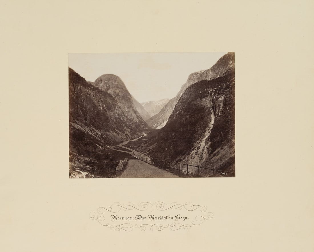 FRATELLI ALINARI (19th) Circle, Norway: Noeroedal in Sogn, around 1880, albumen paper print: Fratelli Alinari (19th century) Circle: Norway: The mountain valley of Noeroedal in Sogn, c. 1880, albumen paper print Technique: albumen paper print, mounted on Cardboard Date: c. 1880 Description: O
