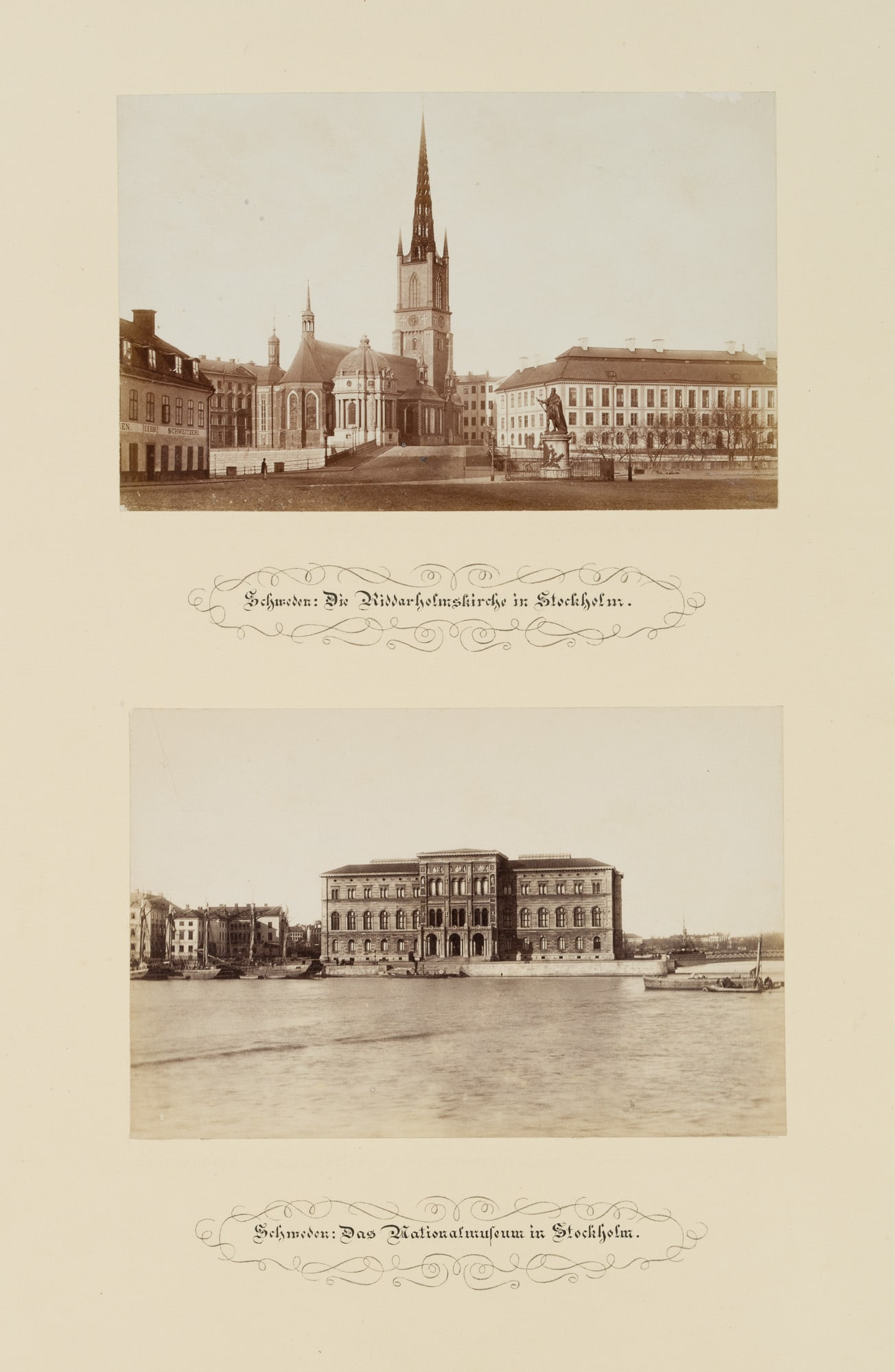 FRATELLI ALINARI (19th) Circle, Riddarholm Church, National Museum, around 1880, albumen paper print: Fratelli Alinari (19th century) Circle: Two photographs of Sweden: "The Riddarholm Church in Stockholm" in the foreground man with hat and "The National Museum in Stockholm", Riddarholmskyrkan, c. 188