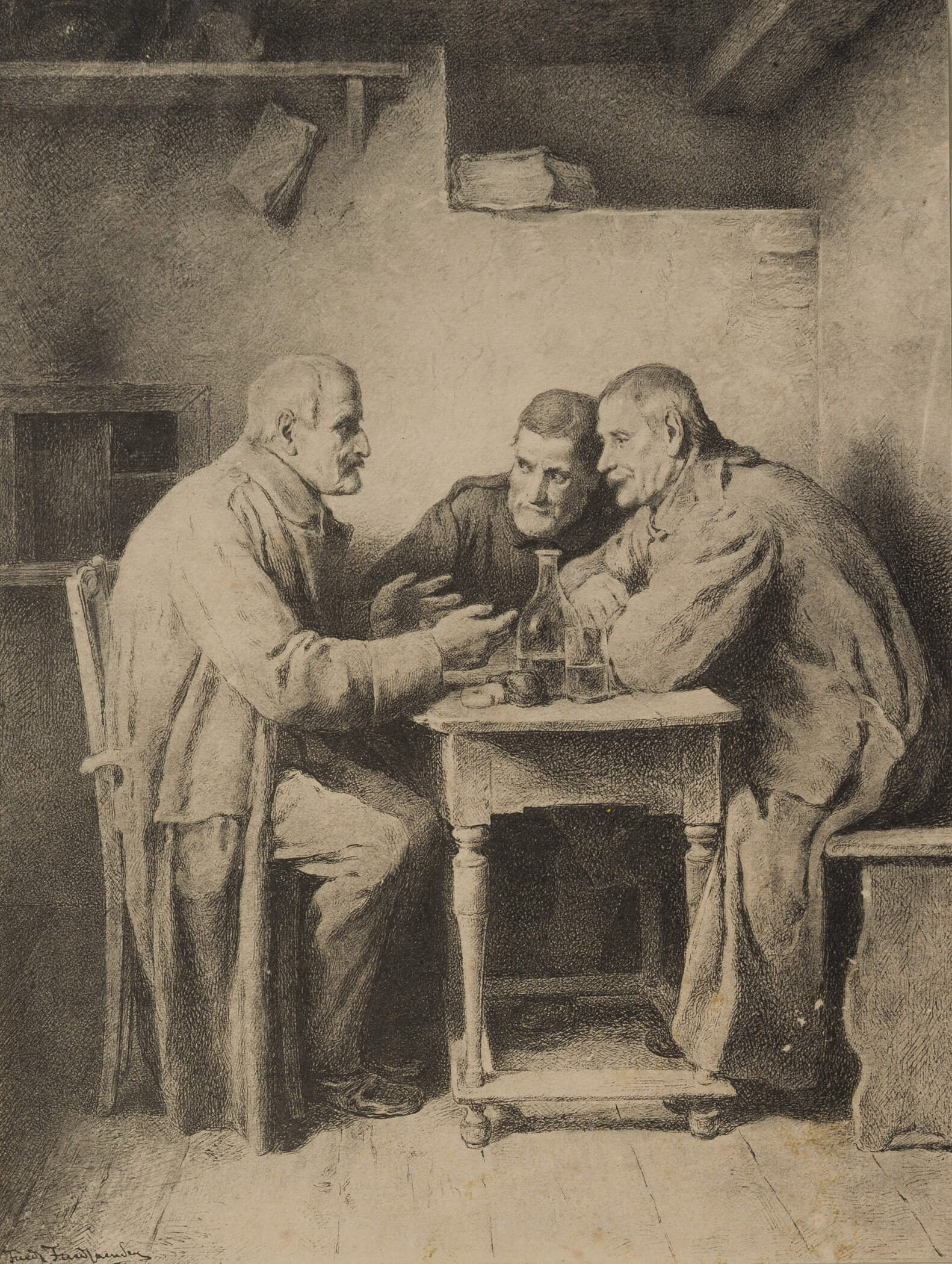 After FRIEDLÄNDER (*1825), At the Cantine, around 1890, Photogravure: After Friedrich Friedländer (1825 - 1901 ibid.): In the cantine Three men having a snack and talking, c. 1890, Photogravure Technique: Photogravure on Paper, mounted on Paper Inscription: The sig