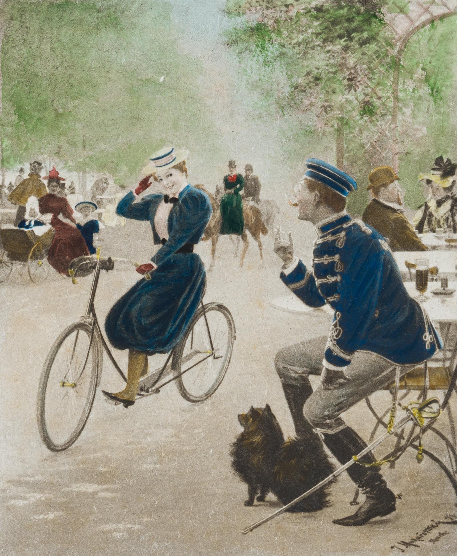 After MUKAROVSK? (*1851), 'Good morning, Lieutenant!', around 1890, Photogravure: After Josef Mukarovský (1851 - 1921 ): "'Morning Lieutenant!" Girl on bicycle greets soldiers, c. 1890, Photogravure Technique: Hand colored Photogravure on Paper, on Inscription: Signed lower right 