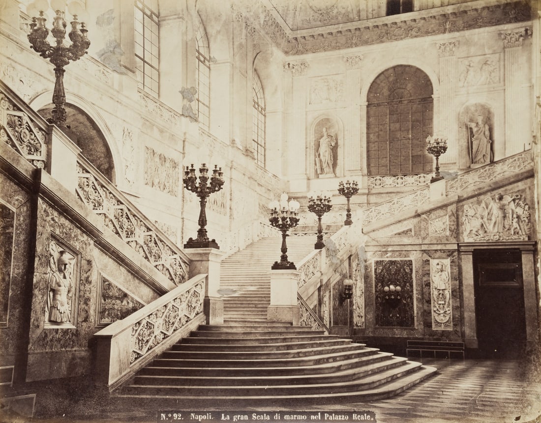 G. SOMMER (1834-1914), Open staircase at the Palazzo Reale, Naples, around 1880, albumen paper print: Giorgio Sommer (1834 Frankfurt on the Main - 1914 Naples): Carlo BROGI, Giacomo BROGI, Magnificent marble staircase in the Palazzo Reale in Naples, c. 1880, albumen paper print Technique: albumen pape