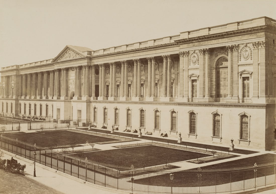 Unknown (19th), The east façade of the Palais du Louvre, around 1880, albumen paper print: Unknown (19th century): View of the Palais du Louvre, east façade with collonades, on the street with passing carriage, Paris, France, c. 1880, albumen paper print Technique: albumen paper print,