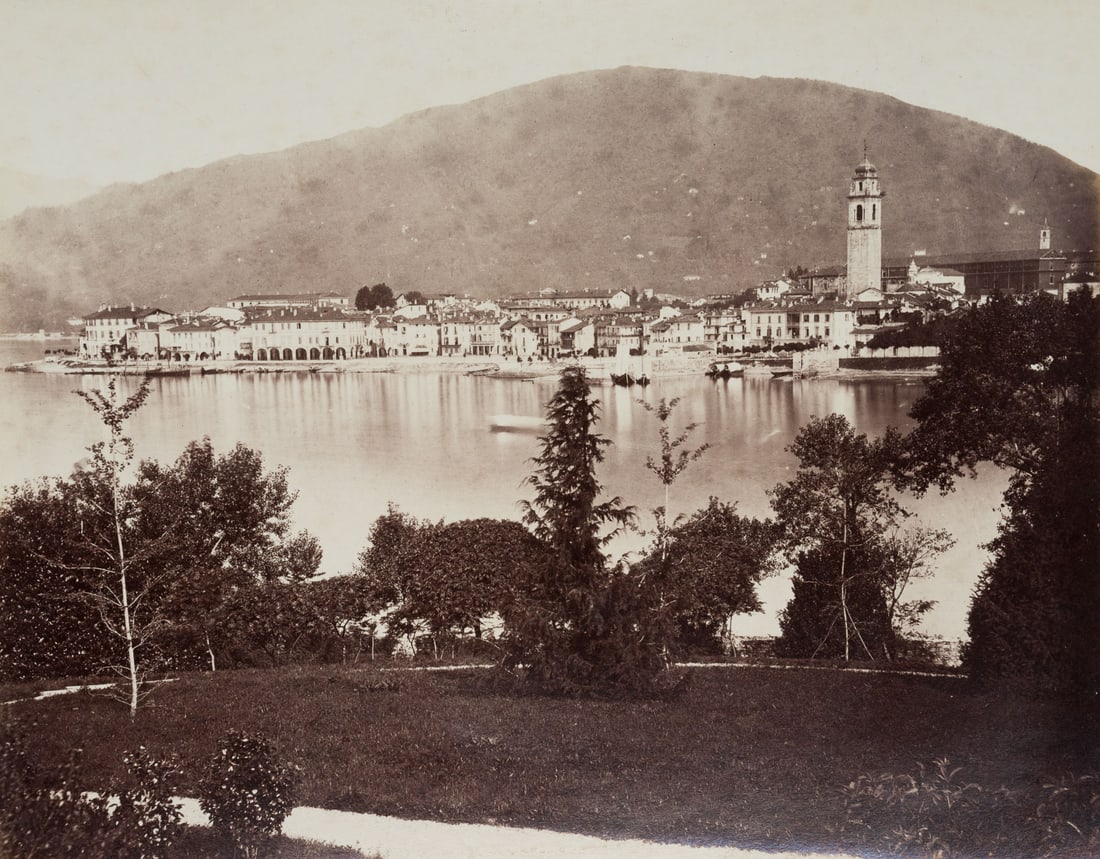 Unknown (19th), Pallanza on Lake Maggiore, Verbania, around 1880, albumen paper print: Unknown (19th century): Italy: Pallanza on Lake Maggiore: botanical gardens and impressive buildings, Verbania, c. 1880, albumen paper print Technique: albumen paper print, mounted on Cardboard Inscri