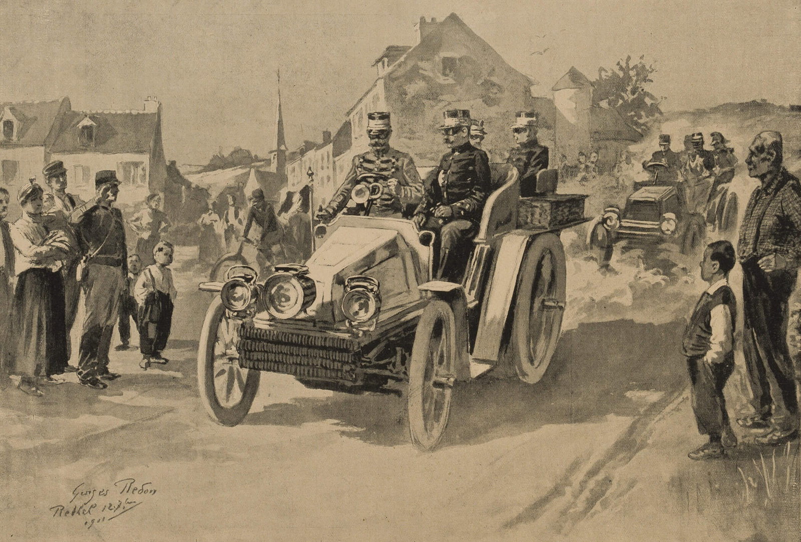 After REDON (*1869), Motor vehicles of the French Army, 1900, Photogravure (1 of 4)