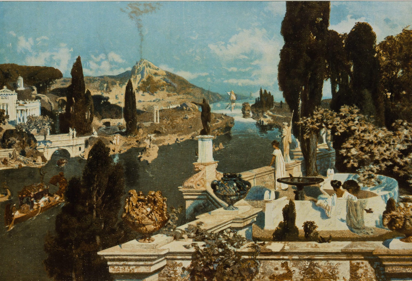 After ROTHAUG (*1870), Villas on the Sarnus, around 1900, Photogravure: After Alexander Rothaug (1870 Vienna - 1946 ): Villas on the Sarnus Antique landscape, c. 1900, Photogravure Technique: Photogravure on Paper Inscription: The artist's signature at the lower right of 