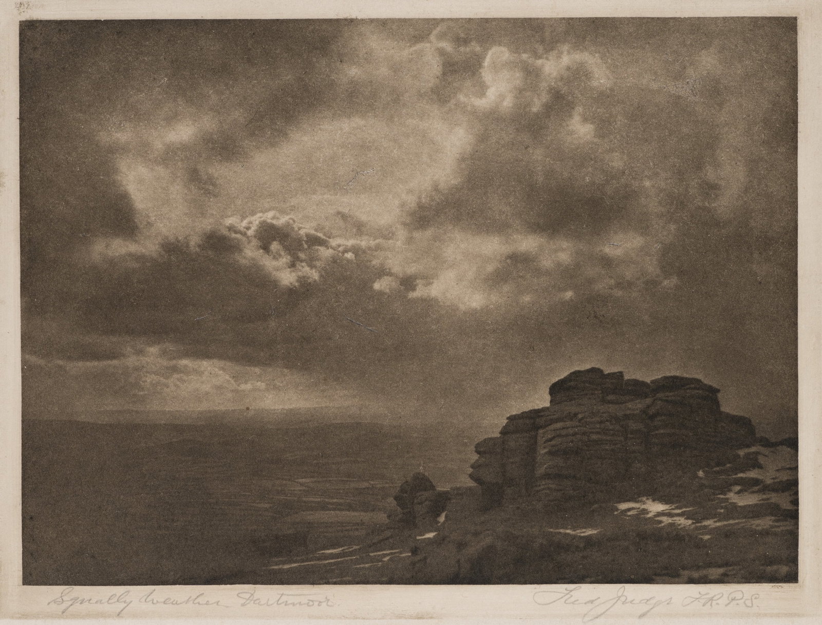 Unknown (20th), The dramatic landscape of Dartmoor, around 1900, Photogravure: Unknown (20th century): Dramatic landscape Dramatic landscape with rocks and cloudy sky, c. 1900, Photogravure Technique: Photogravure on Paper Inscription: Lower right signed: "Lea Judgs (?) J. R. P.