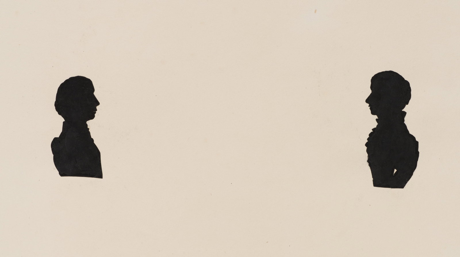 Unknown (19th), Two Portraits of Mrs Mitchell, Silhouette: Unknown (19th century): Two portraits of Mrs Mitchell Opposite female profile silhouettes on light-coloured paper, 19th century, Silhouette Technique: Silhouette on Paper, mounted on Paper Inscription