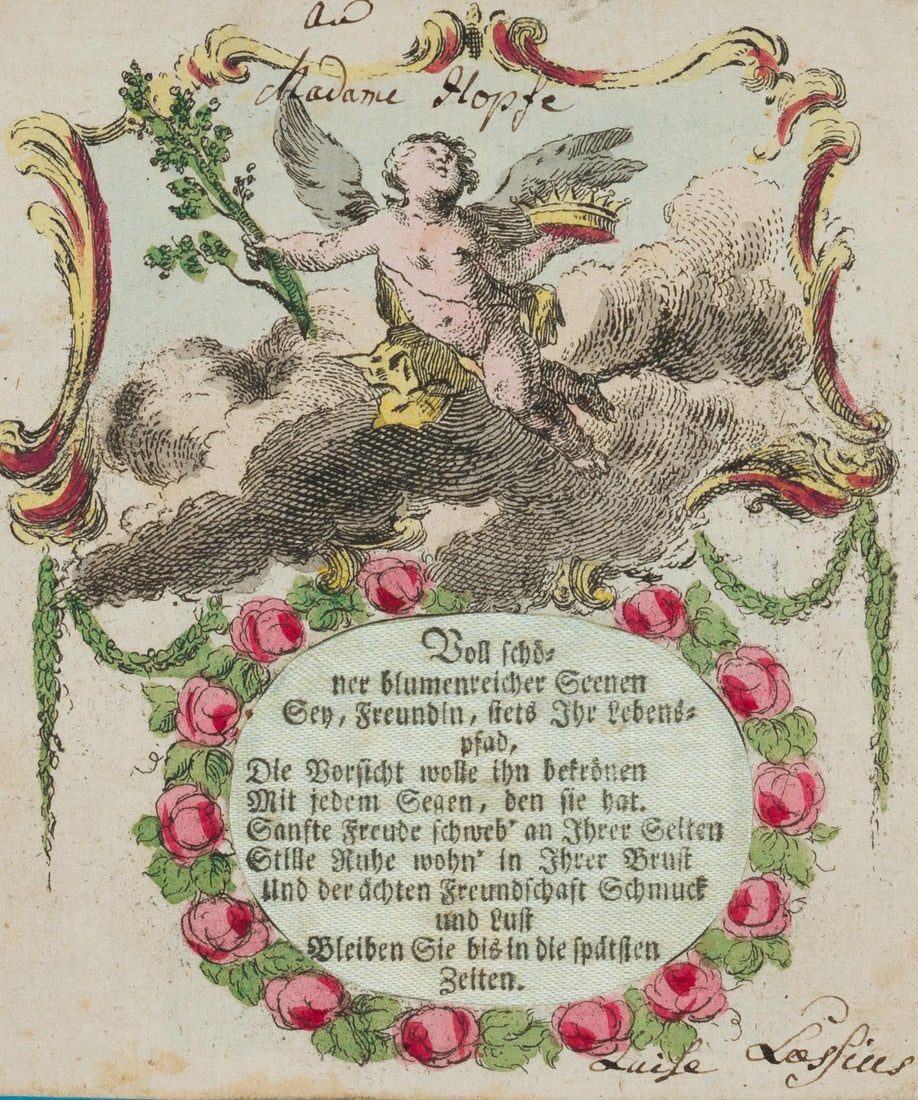 Unknown (18th), A greeting card celebrating friendship, around 1790, Congratulations billet: Unknown (18th century): Fabric Greeting Card on Friendship with Cherub on Clouds a Crown and a Green Branch in Hands, c. 1790, Congratulations billet Technique: Congratulations billet on Paper Date: c