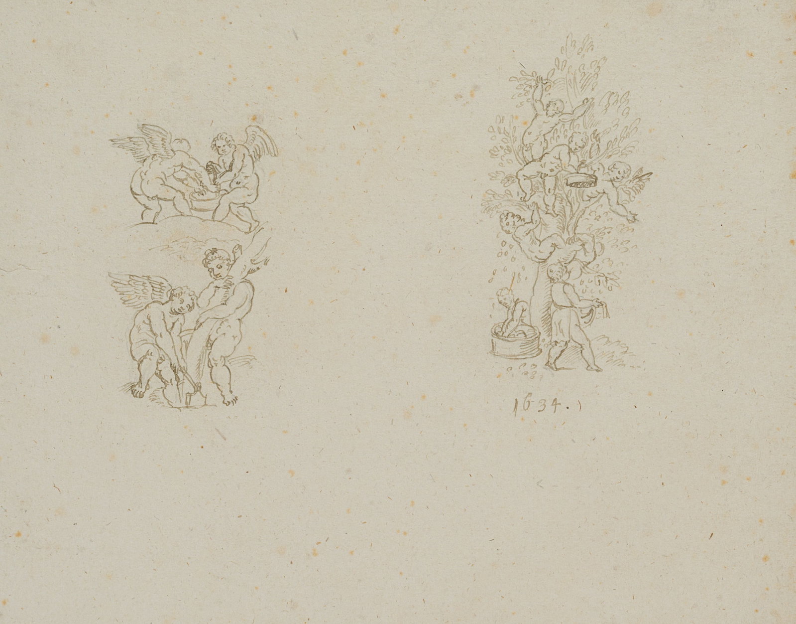 Unknown (17th), Figure study with putti, 1634, Pen drawing: Unknown (17th century): Study of figures with putti Putti planting a tree and harvesting the crop, 1634, Pen drawing Technique: Pen drawing on Paper Watermark: indeterminate signs: Undeterminable wate