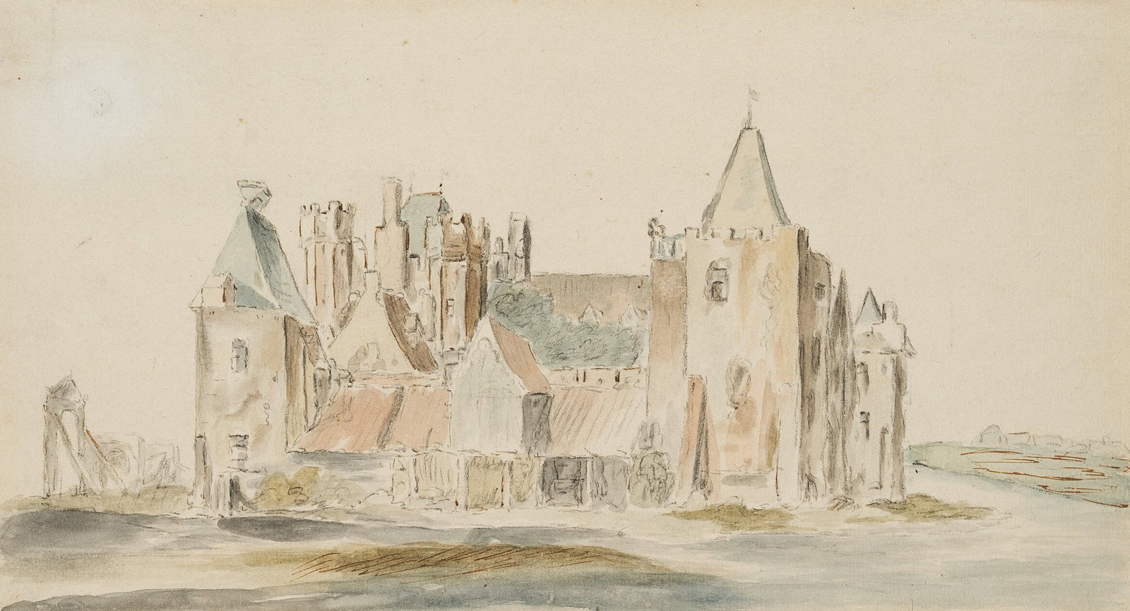 After CUYP (*1620), Purmersteijn Castle in Purmerend, around 1700, Watercolor: After Aelbert Jacobsz. Cuyp (1620 Dordrecht - before 1691 ibid.): Purmersteijn Castle in Purmerend, c. 1700, Watercolor Technique: Watercolor over Chalk on Paper, mounted on Cardboard Stamp: Verso Col