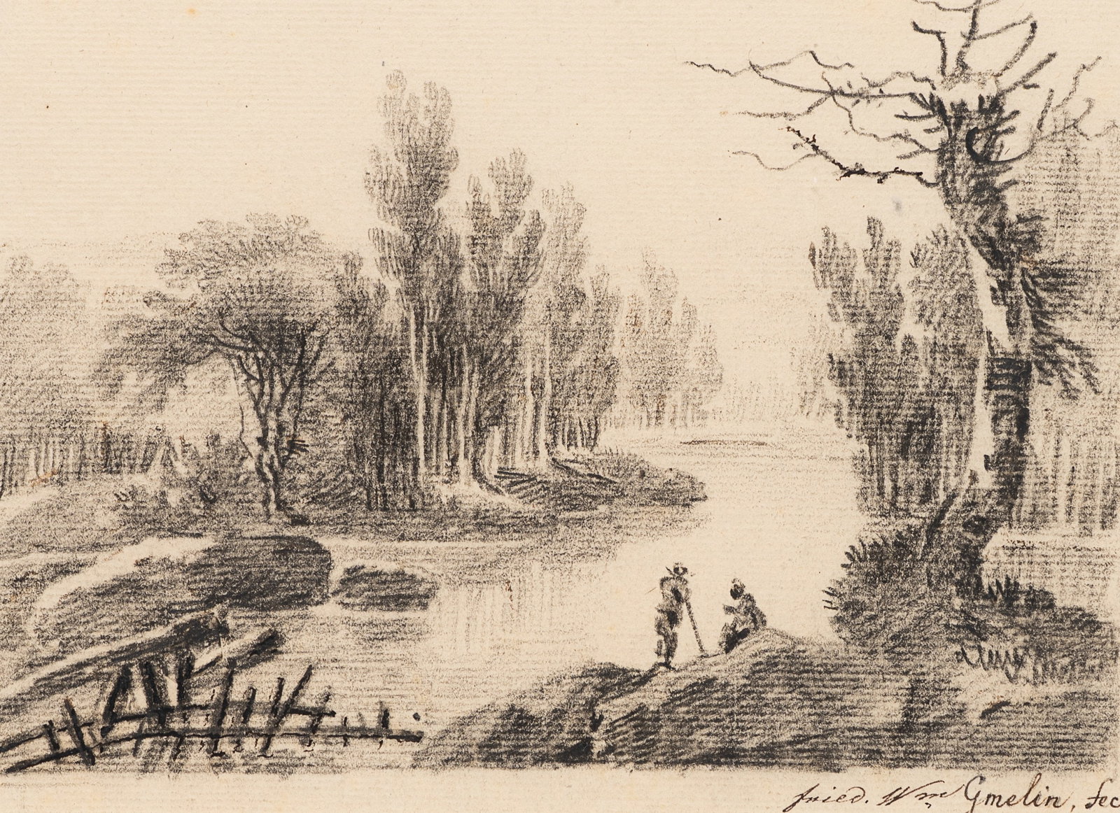 W. GMELIN (1745-1820), River landscape with figures, Charcoal: Wilhelm Friedrich Gmelin (1745 Badenweiler - 1820 Rom): River landscape with figures Idyllic river landscape with two figures on the bank, 18th century, Charcoal Technique: Charcoal on Paper Inscripti