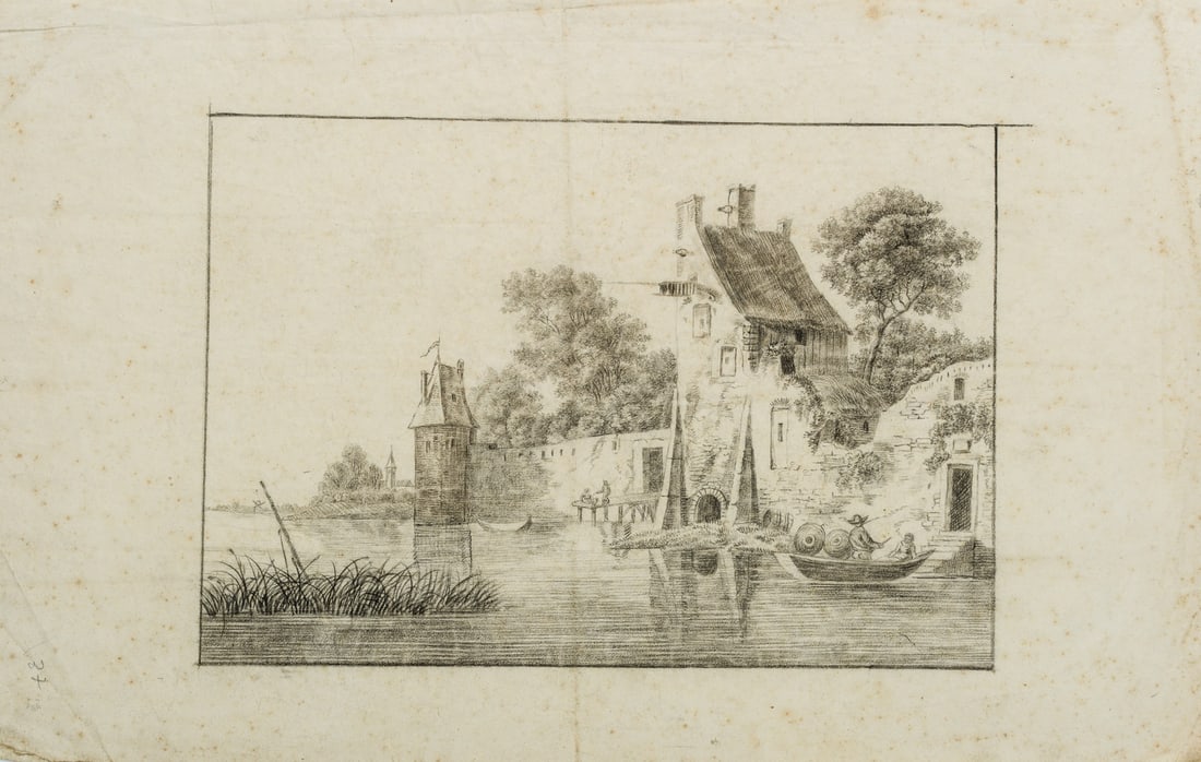 C. GRAIMBERG (*1774), Town fortifications by the river, Charcoal: Carl Von (Graf) de Graimberg (1774 - 1865 ibid.): City wall with towers and landing stage on the river, 18th century, Charcoal Technique: Charcoal on Paper Inscription: lower left further inscription: