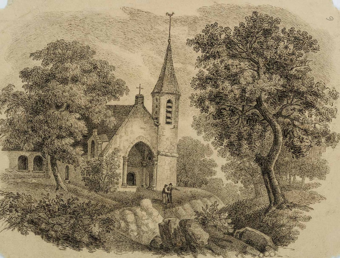 C. GRAIMBERG (*1774), A chapel in a wooded landscape, Brush drawing: Carl Von (Graf) de Graimberg (1774 - 1865 ibid.): A chapel in a wooded landscape, 18th century, Brush drawing Technique: Brush drawing on Paper Date: 18th century Description: Numbered in pencil upper