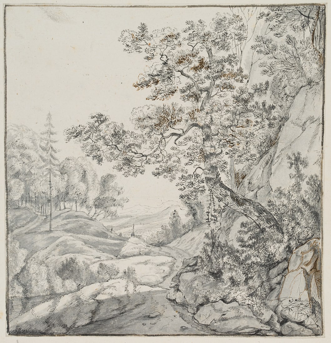J. MEYER (*1694), Mountain trail, around 1750, Pen drawing: Johann Heinrich Meyer (born 1694 Schaffhausen): Path in the mountains with overhanging tree, c. 1750, Pen drawing Technique: Washed Pen drawing on Paper, mounted on Paper Date: c. 1750 Description: Th