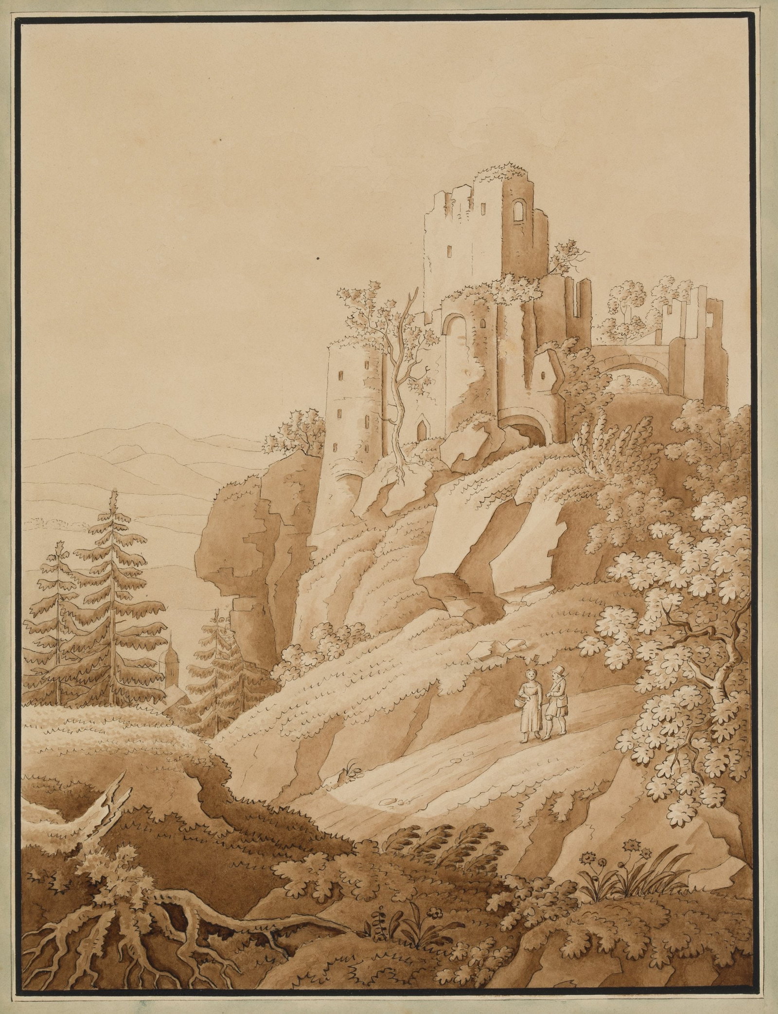 C. SPRINCK (1769-1831), Frauenstein in the Ore Mountains, around 1790, Indian ink: Christian Friedrich Sprinck (1769 Dresden - 1831 ibid.): Frauenstein Castle ruins in the Ore Mountains, c. 1790, Indian ink Technique: Washed Indian ink on Paper Inscription: Verso inscribed by anothe