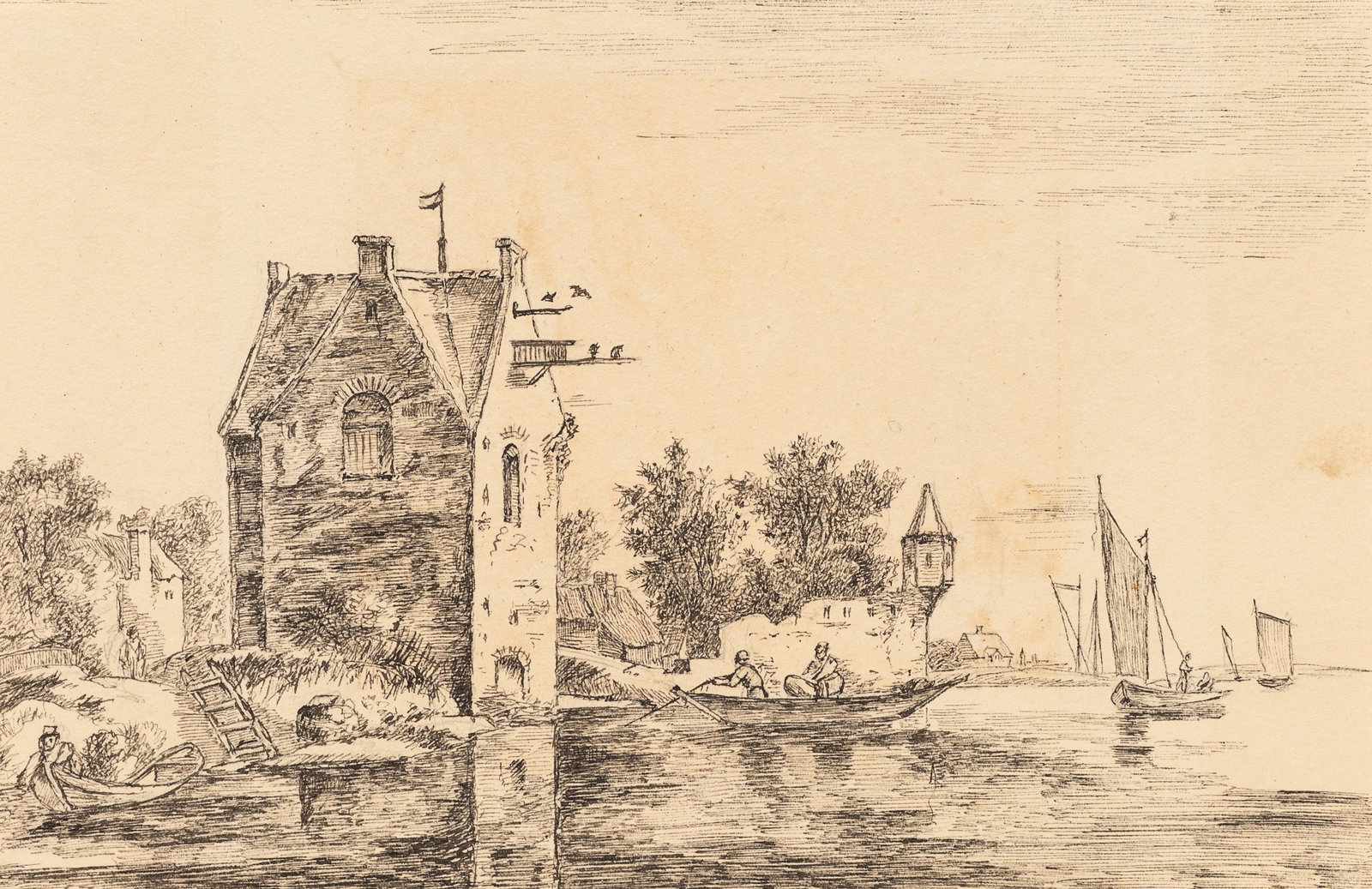 H. FÜSSLI (*1680) after WATERLOO (*1610), River houses and sailing boats, Pen drawing (1 of 6)