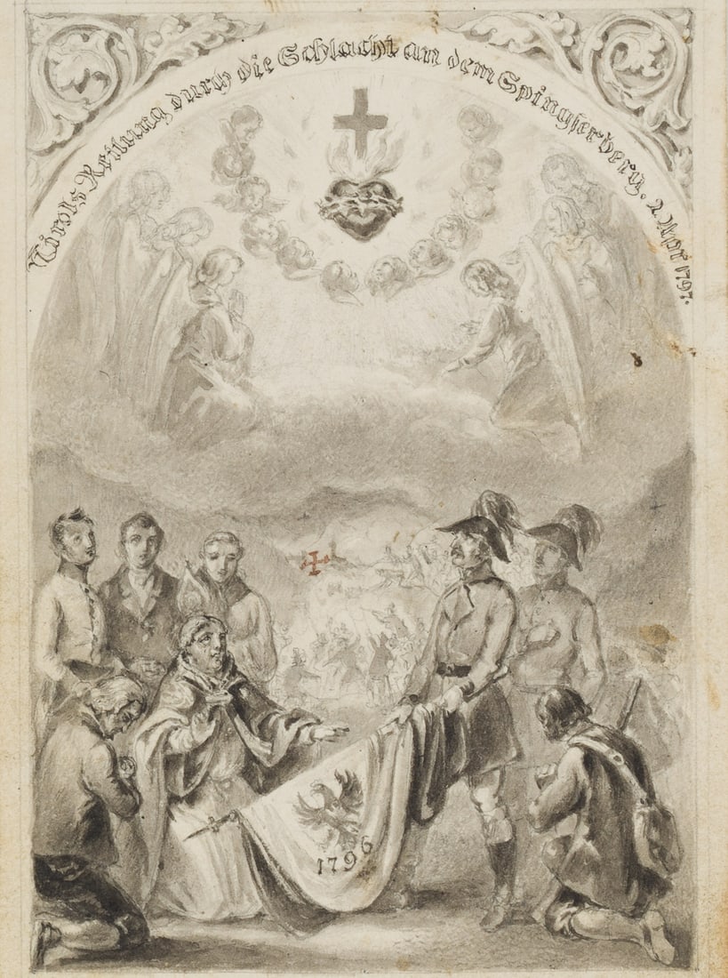 Unknown (19th), The Rescue of Tyrol, the Battle of Spinges, 1797, Brush drawing: Unknown (19th century): Tyrol's Salvation through the Battle of Spinges 2 April 1797, 1797, Brush drawing Technique: Brush drawing over Pencil on Paper Date: 1797 Description: High-quality miniature, 