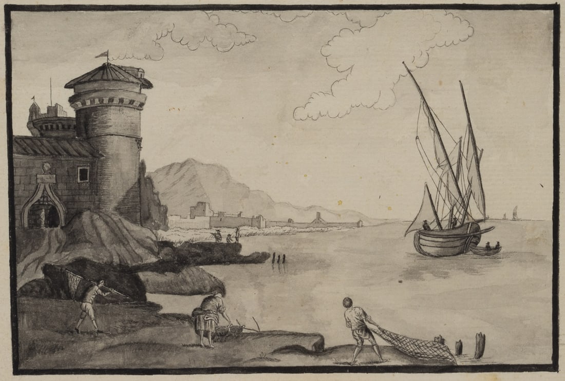 Unknown (18th), A fisherman on the coast, around 1790, Indian ink: Unknown (18th century): A fisherman on the coast, c. 1790, Indian ink Technique: Indian ink on Paper Date: c. 1790 Description: Without designation. In the foreground of the depiction, the viewer sees