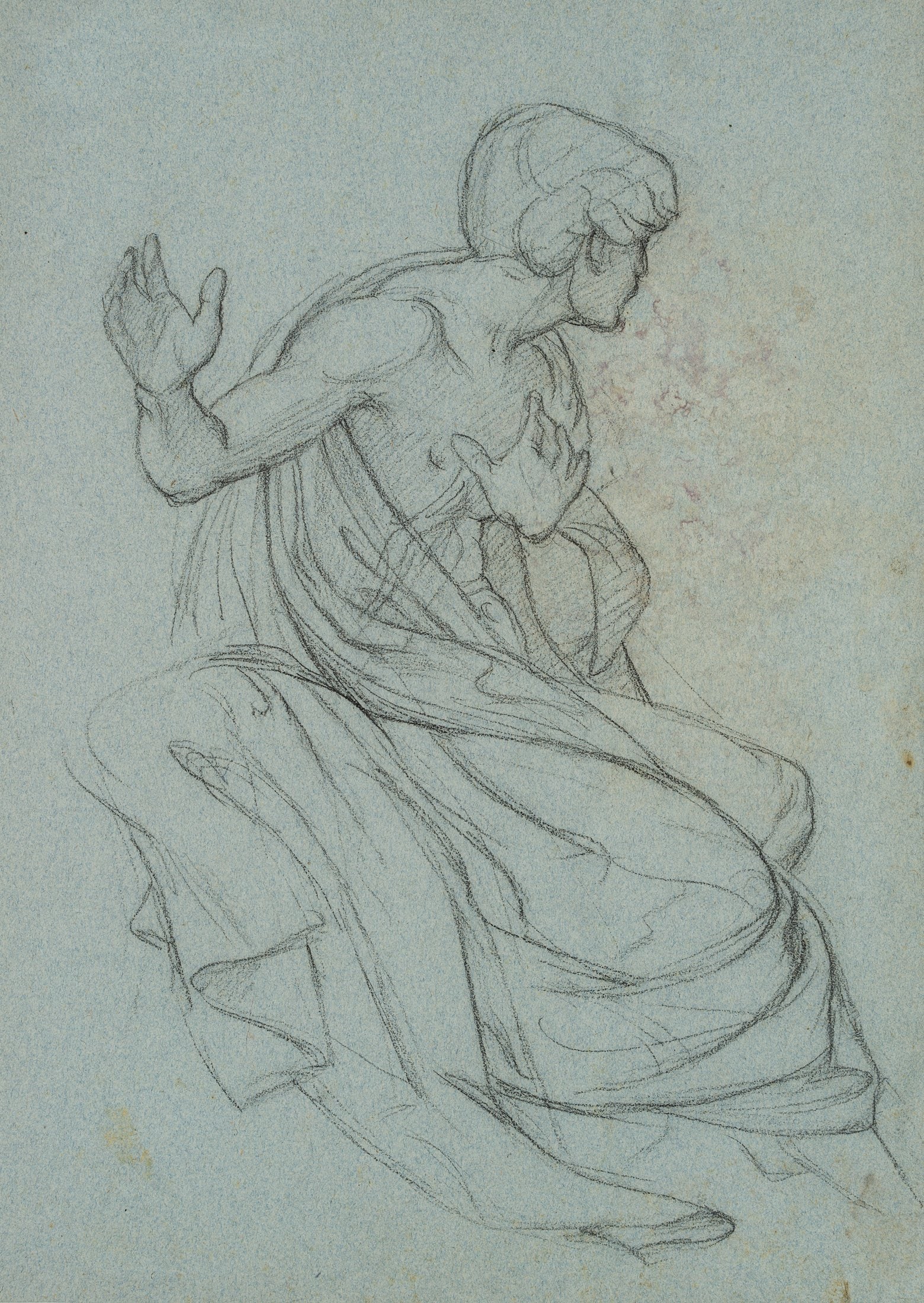 Unknown (18th), Figure study, around 1790, Chalk: Unknown (18th century): Figure Study of a Turning Away Person in Antique Dress, c. 1790, Chalk Technique: Chalk on Paper Inscription: Verso inscribed by another person: "S. Vouet / Ch. Le Brun". Date: