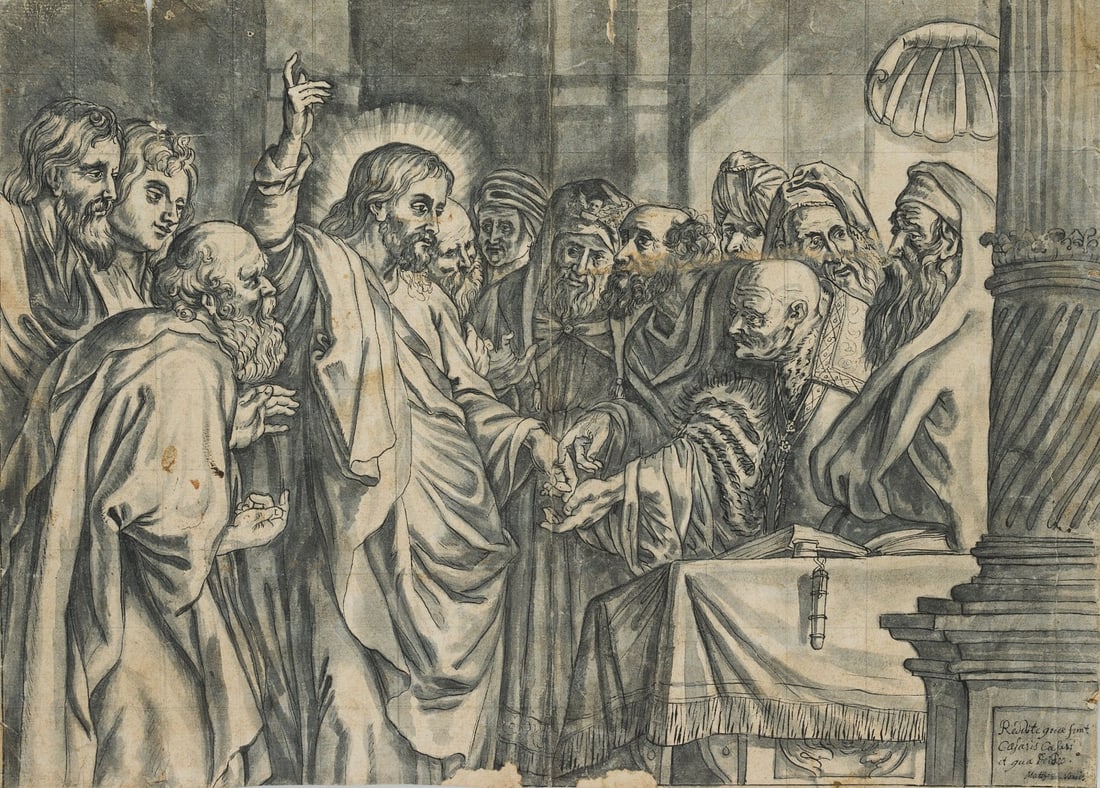 Unknown (18th), The Penny, Matthew 22, around 1750, Indian ink: Unknown (18th century): The interest nest egg, Gospel according to Matthew 22, c. 1750, Indian ink Technique: Washed Indian ink on Paper, mounted on Paper Inscription: Inscribed lower right: "Reddite 