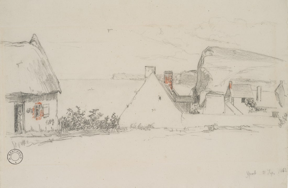 A. BERTHOUD (1829-1887), Yport and the chalk cliffs, 1859, Pencil: Auguste-Henri Berthoud (1829 Paris - 1887 Neuchâtel): View from Yport to the chalk cliffs in Normandy, 1859, Pencil Technique: Pencil and Chalk on Paper Stamp: Lower left Estate stamp, Auguste-Henri 