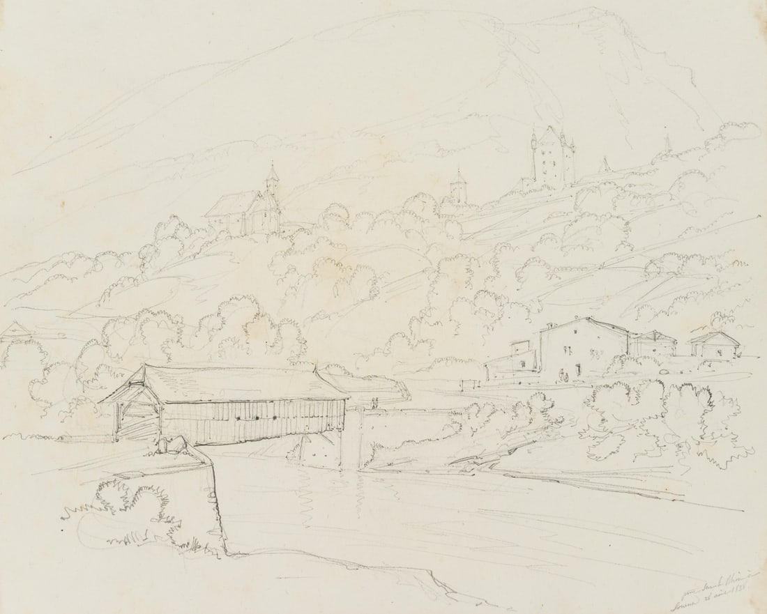 E. BRETENIÈRES (*1804), Rhône in Leuk, Valais, Switzerland, 1838, Pencil: Edmond de Bretenières (1804 Dijon - 1882 ibid.): Bridge over the Rhone in Leuk in the Canton of Valais, Loéche, Leigg, View of the Church and Bishop's Castle, Journey to Switzerland, Sketchb
