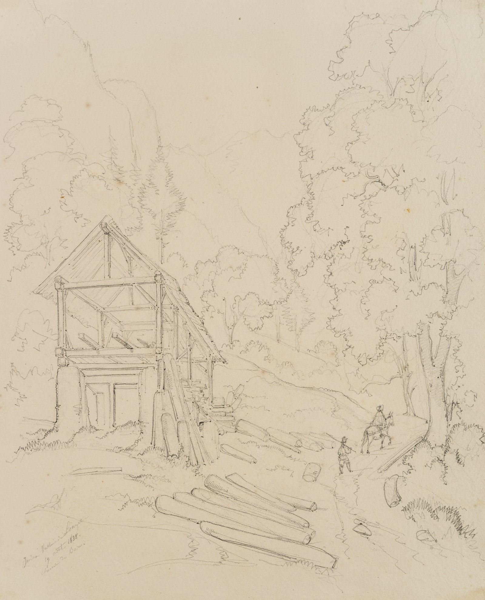 E. BRETENIÈRES (*1804), Sawmill in the woods near Inden, Switzerland, 1838, Pencil (1 of 8)