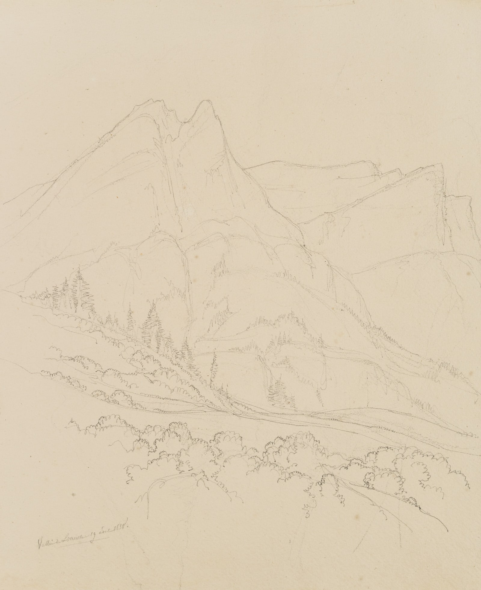 E. BRETENIÈRES (*1804), Loéche Valley, Switzerland, 1838, Pencil: Edmond de Bretenières (1804 Dijon - 1882 ibid.): Landscape near Leuk in the Canton of Valais, "Vallée de Louesch", Loéche, Leigg, Journey to Switzerland, Sketchbook, 1838, Pencil Techni