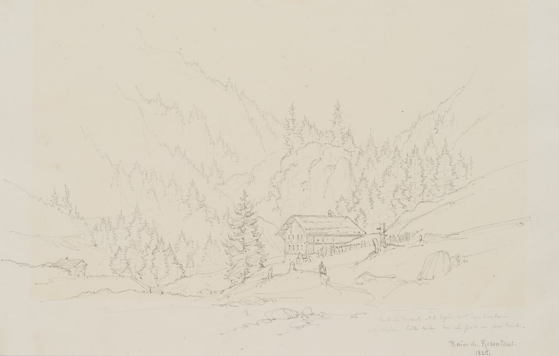 E. BRETENIÈRES (*1804), Rosenlaui in Bern, Switzerland, 1825, Pencil: Edmond de Bretenières (1804 Dijon - 1882 ibid.): View of Rosenlaui in Bern, in Switzerland, 1825, Pencil Technique: Pencil on Paper Inscription: Inscribed and dated lower left. Date: 1825 Descrip