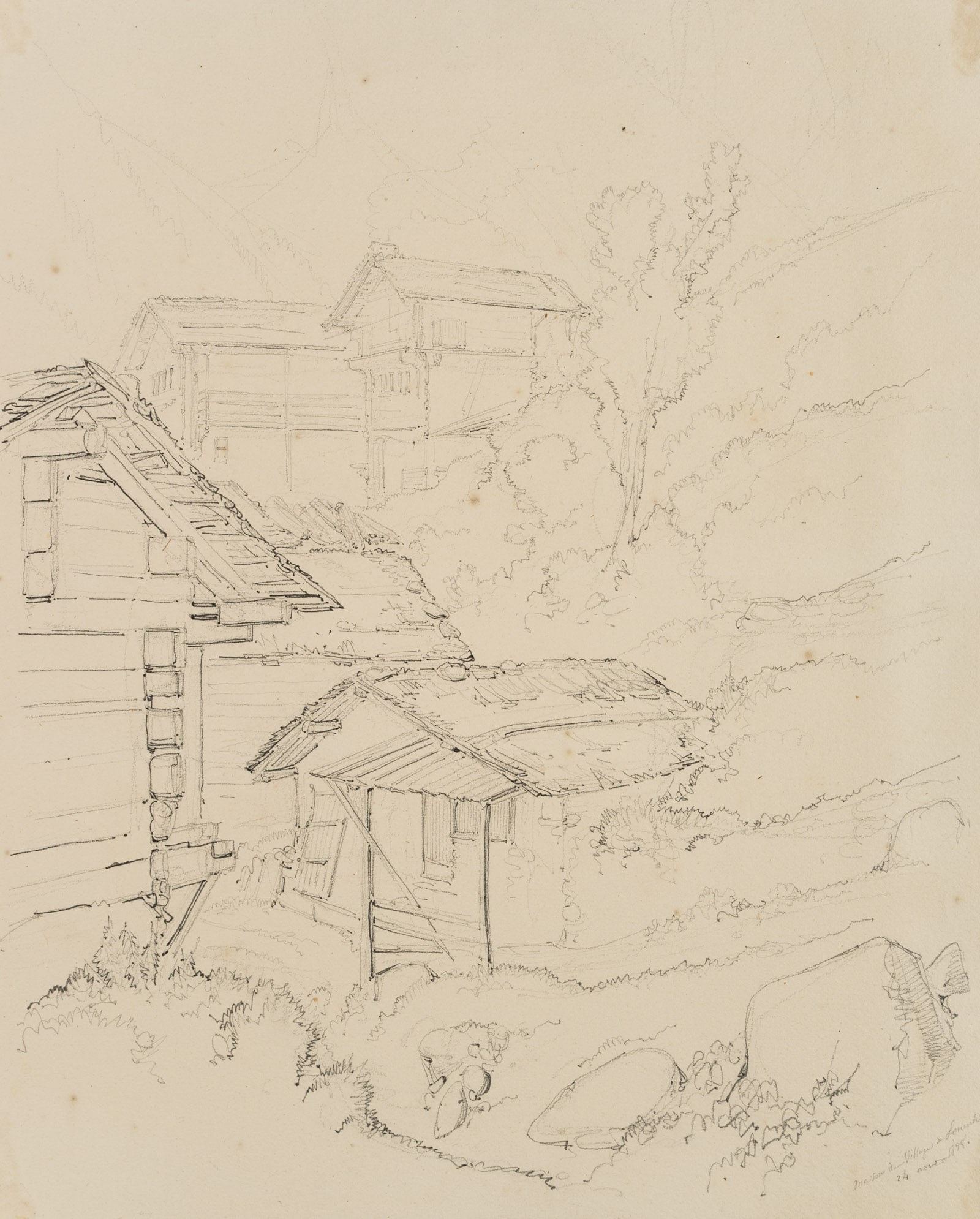 E. BRETENIÈRES (*1804), Houses in Leuk, Canton of Valais, 1838, Pencil: Edmond de Bretenières (1804 Dijon - 1882 ibid.): Houses in Leuk in the Canton of Valais, Loéche, Leigg, "maison du village à Louesch", Journey to Switzerland, Sketchbook, 1838, Pencil T