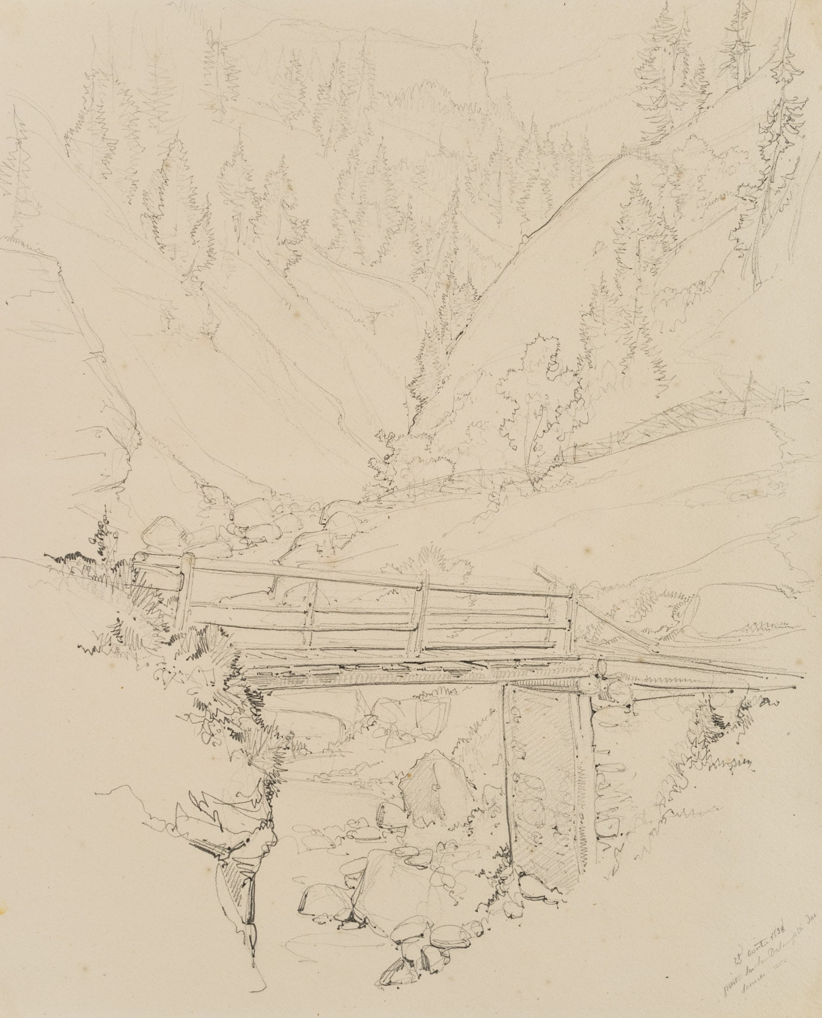 E. BRETENIÈRES (*1804), Bridge over the River Dala near Leuk, 1838, Pencil: Edmond de Bretenières (1804 Dijon - 1882 ibid.): Bridge over the Dala near Leuk in the canton of Valais, Loéche, Leigg, "Pont sur la Dala à Louesch", Journey to Switzerland, Sketchbook,