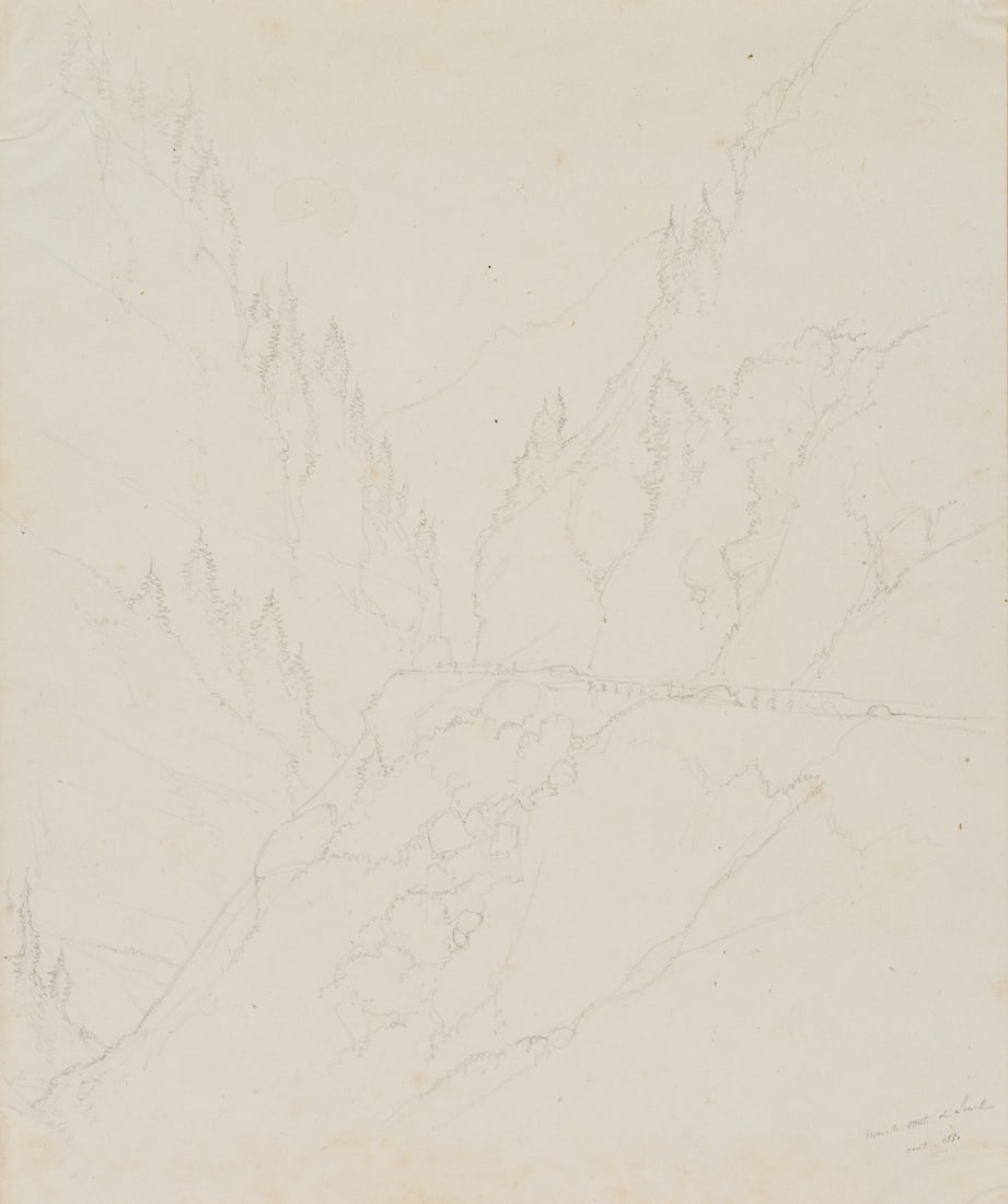 E. BRETENIÈRES (*1804), The route after Leuk via the Dalaschlucht, Switzerland, 1851, Pencil: Edmond de Bretenières (1804 Dijon - 1882 ibid.): Path to Leuk in the Dala Gorge in the canton of Valais, Loéche, Leigg, "Vallée du Louesch", journey to Switzerland, sketchbook, 1851, Pe