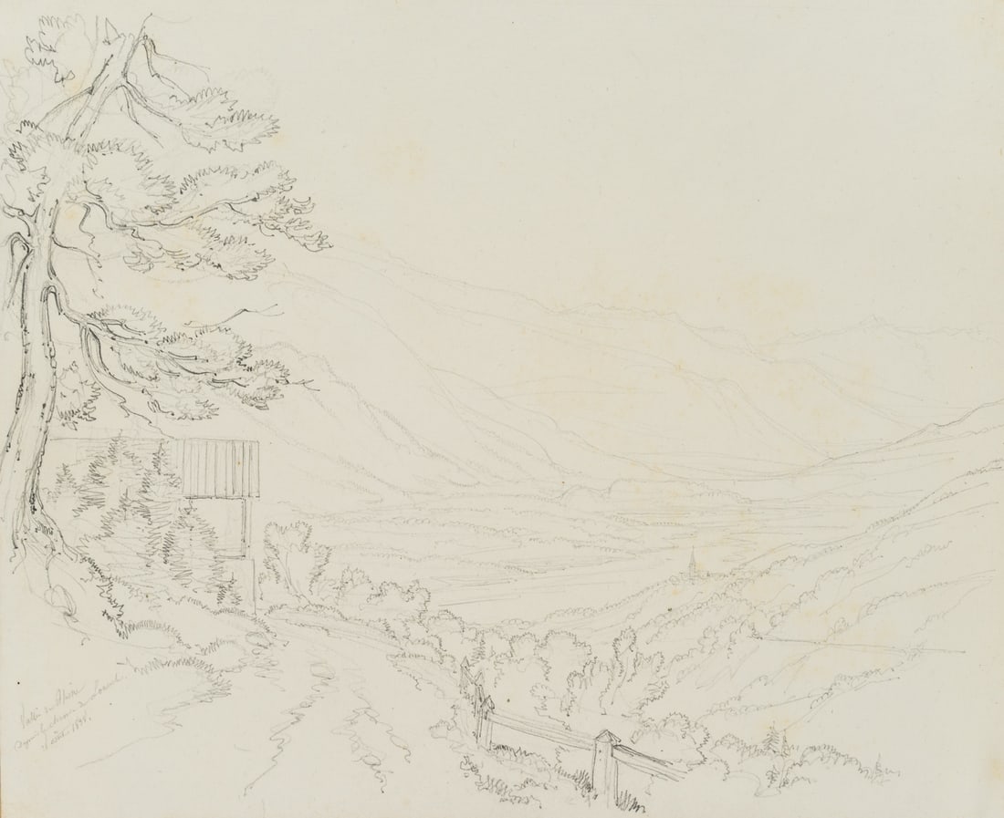 E. BRETENIÈRES (*1804), The Rhône Valley after Leukerbad, Switzerland, 1838, Pencil: Edmond de Bretenières (1804 Dijon - 1882 ibid.): Rhone valley with path to Leukerbad in the canton of Valais, Loéche-les-Bains, Leiggerbad, "Vallée du Rhone depuis le chemin de Louesch 