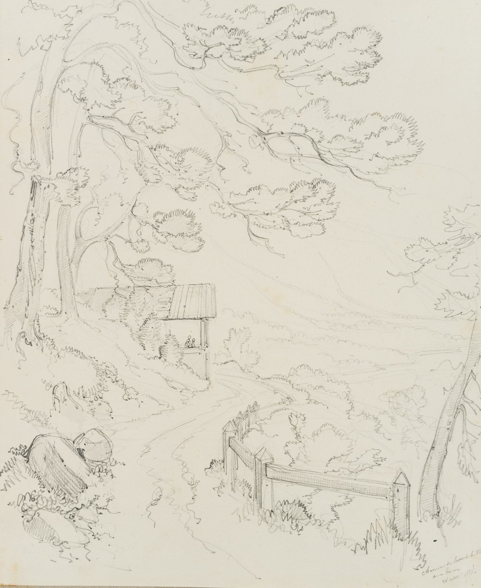 E. BRETENIÈRES (*1804), Rhône Valley, road after Leukerbad, Switzerland, 1838, Pencil: Edmond de Bretenières (1804 Dijon - 1882 ibid.): Rhone valley, seen from the road to Leukerbad in the canton of Valais, Loéche-les-Bains, Leiggerbad, "Chemin de Louesch la ville aux bains", 
