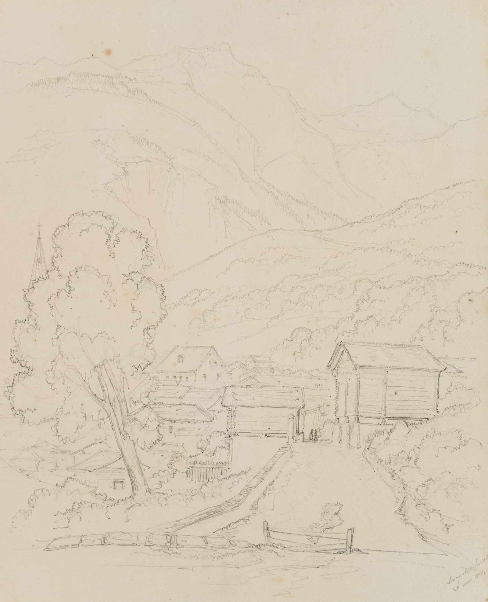 E. BRETENIÈRES (*1804), On the outskirts of Leuk in Valais, Switzerland, 1838, Pencil: Edmond de Bretenières (1804 Dijon - 1882 ibid.): View on the outskirts of the town of Leuk in the canton of Valais, Loéche, Leigg, Journey to Switzerland, Sketchbook, 1838, Pencil Technique: