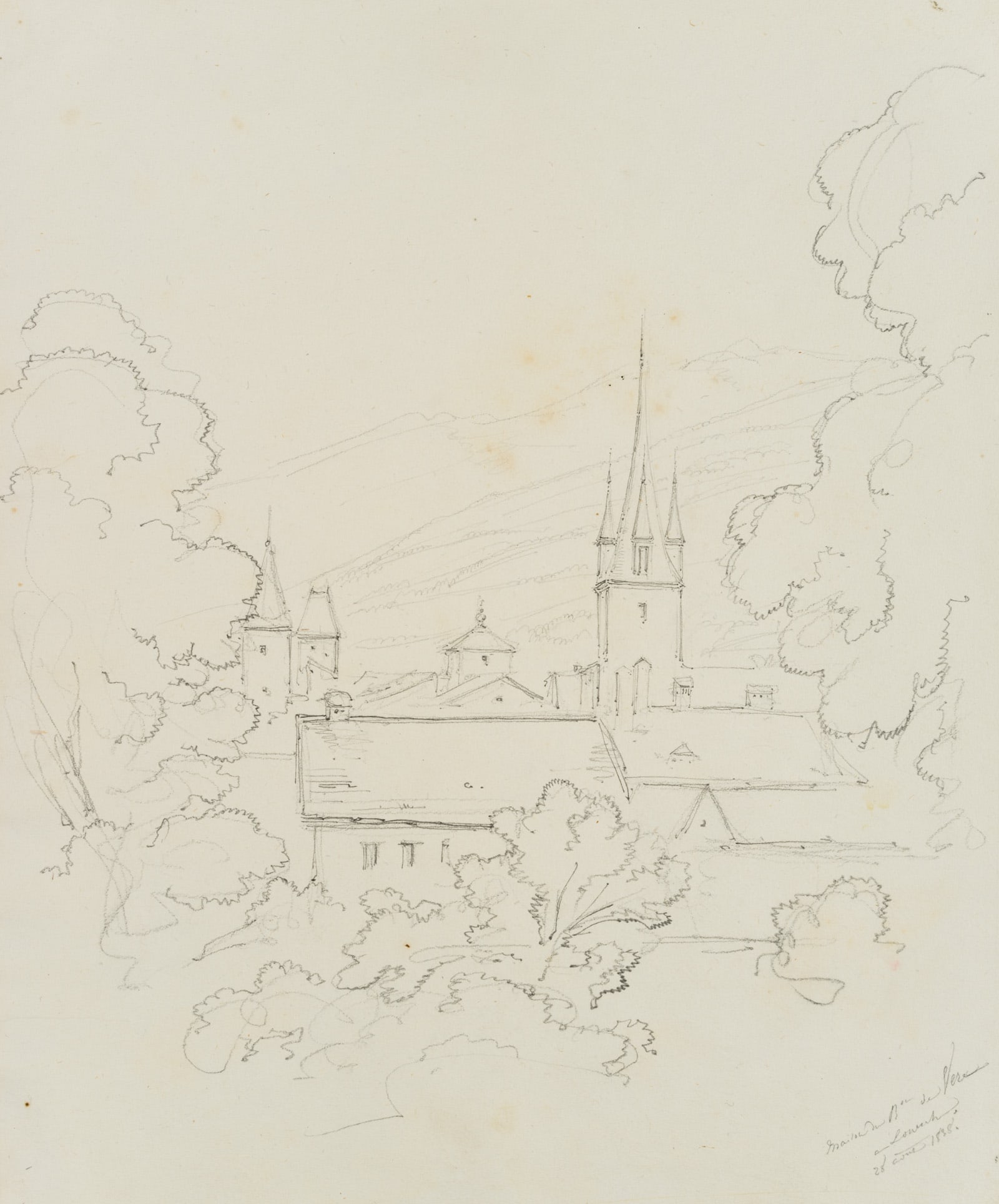 E. BRETENIÈRES (*1804), Baron Werra’s house in Leuk, Switzerland, 1838, Pencil: Edmond de Bretenières (1804 Dijon - 1882 ibid.): View of the house of Baron de Veraz in the town of Leuk in the canton of Valais, seat of the noble Werra family[?], Loéche, Leigg, Journey to