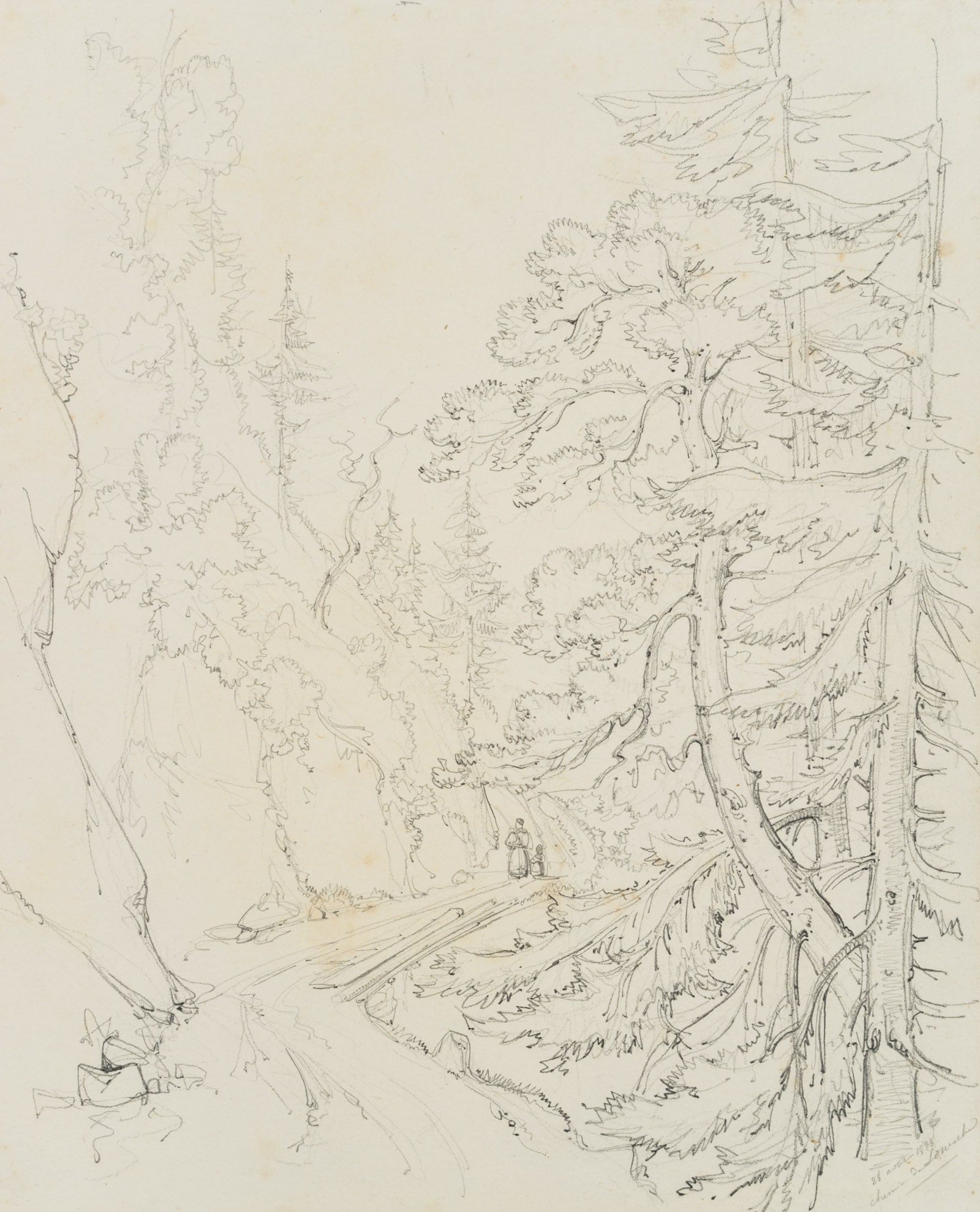 E. BRETENIÈRES (*1804), Forest path near Leukerbad, Valais, Switzerland, 1838, Pencil: Edmond de Bretenières (1804 Dijon - 1882 ibid.): Forest path near Leukerbad in the canton of Valais, Loéche-les-Bains, Leiggerbad, "Chemin des Bains à Louesch la ville", Journey to Swit