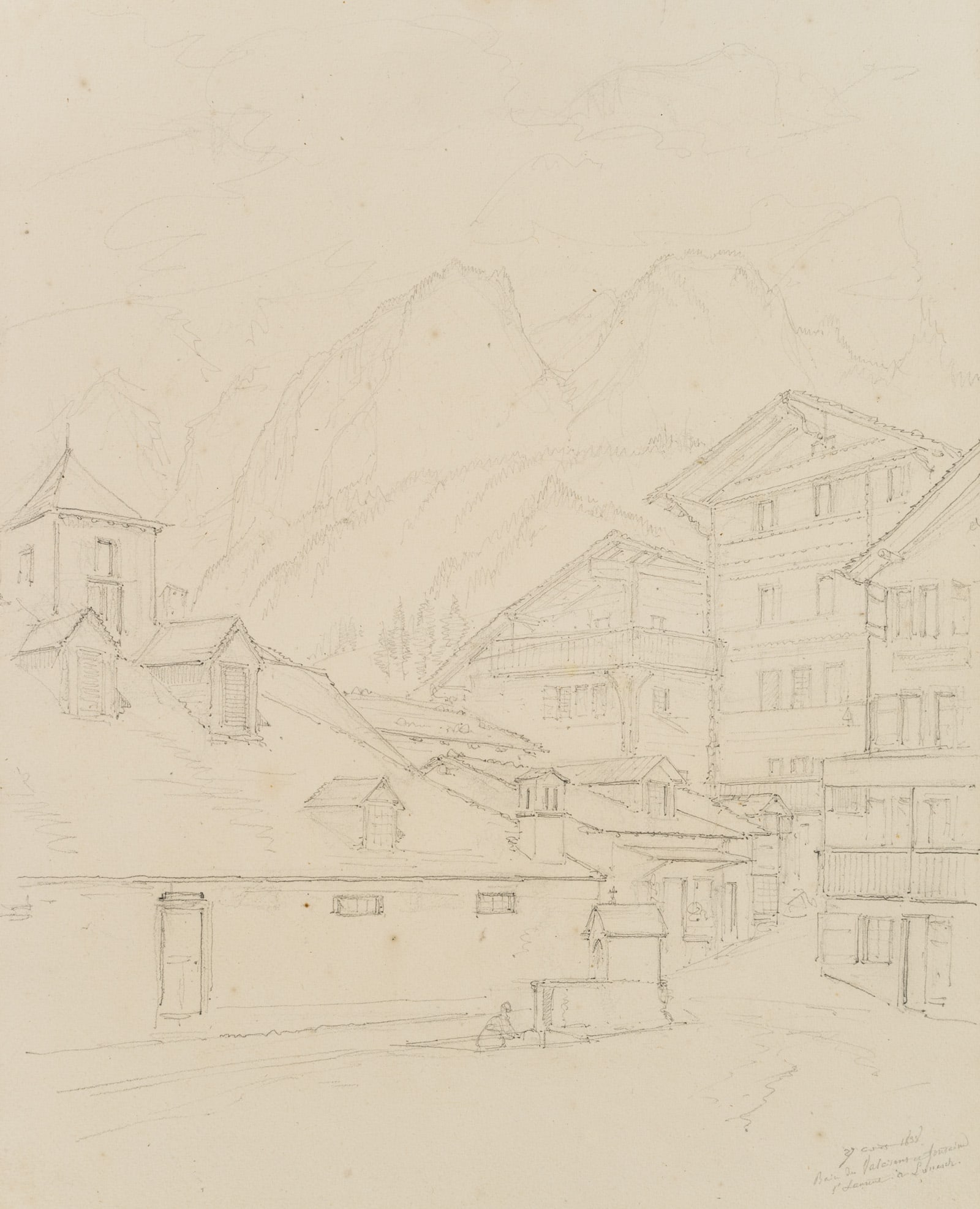 E. BRETENIÈRES (*1804), Lorenz Spring in Leukerbad, Valais, Switzerland, 1838, Pencil: Edmond de Bretenières (1804 Dijon - 1882 ibid.): Lorenzquelle on a square in Leukerbad in the canton of Valais, "Bain du Valaisans and fontaine StLaurent à Louesch", journey to Switzerland, 