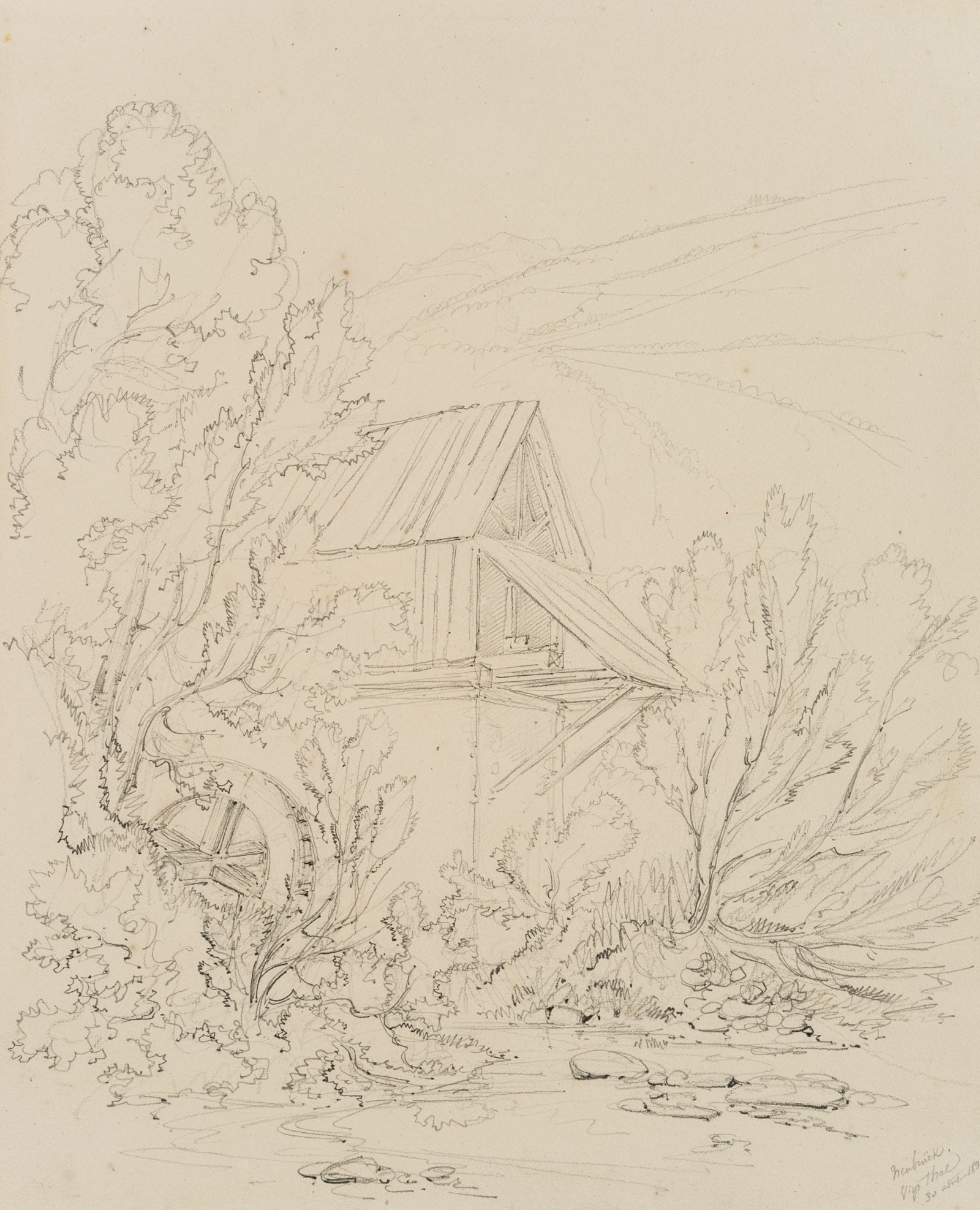 E. BRETENIÈRES (*1804), Mill near Neubrück in the Vispertal, Switzerland, 1838, Pencil: Edmond de Bretenières (1804 Dijon - 1882 ibid.): Mill near Neubrück in Vispertal in the canton of Valais, Journey to Switzerland, Sketchbook, 1838, Pencil Technique: Pencil on Paper, mounted