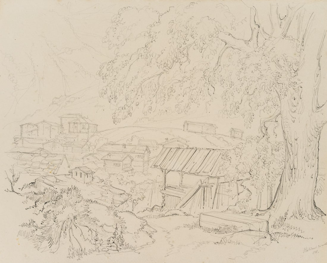 E. BRETENIÈRES (*1804), View over Stalden, Valais, Switzerland, 1838, Pencil: Edmond de Bretenières (1804 Dijon - 1882 ibid.): View from the edge of the village over Stalden in the canton of Valais, Journey to Switzerland, Sketchbook, 1838, Pencil Technique: Pencil on Pape