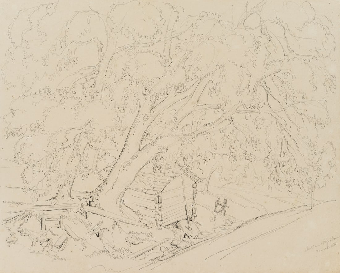 E. BRETENIÈRES (*1804), A cottage in the woods near Stalden, Valais, Switzerland, 1838, Pencil: Edmond de Bretenières (1804 Dijon - 1882 ibid.): Hut in the forest with a couple in traditional costume walking near Stalden in the canton of Valais, journey to Switzerland, sketchbook, 1838, Pen