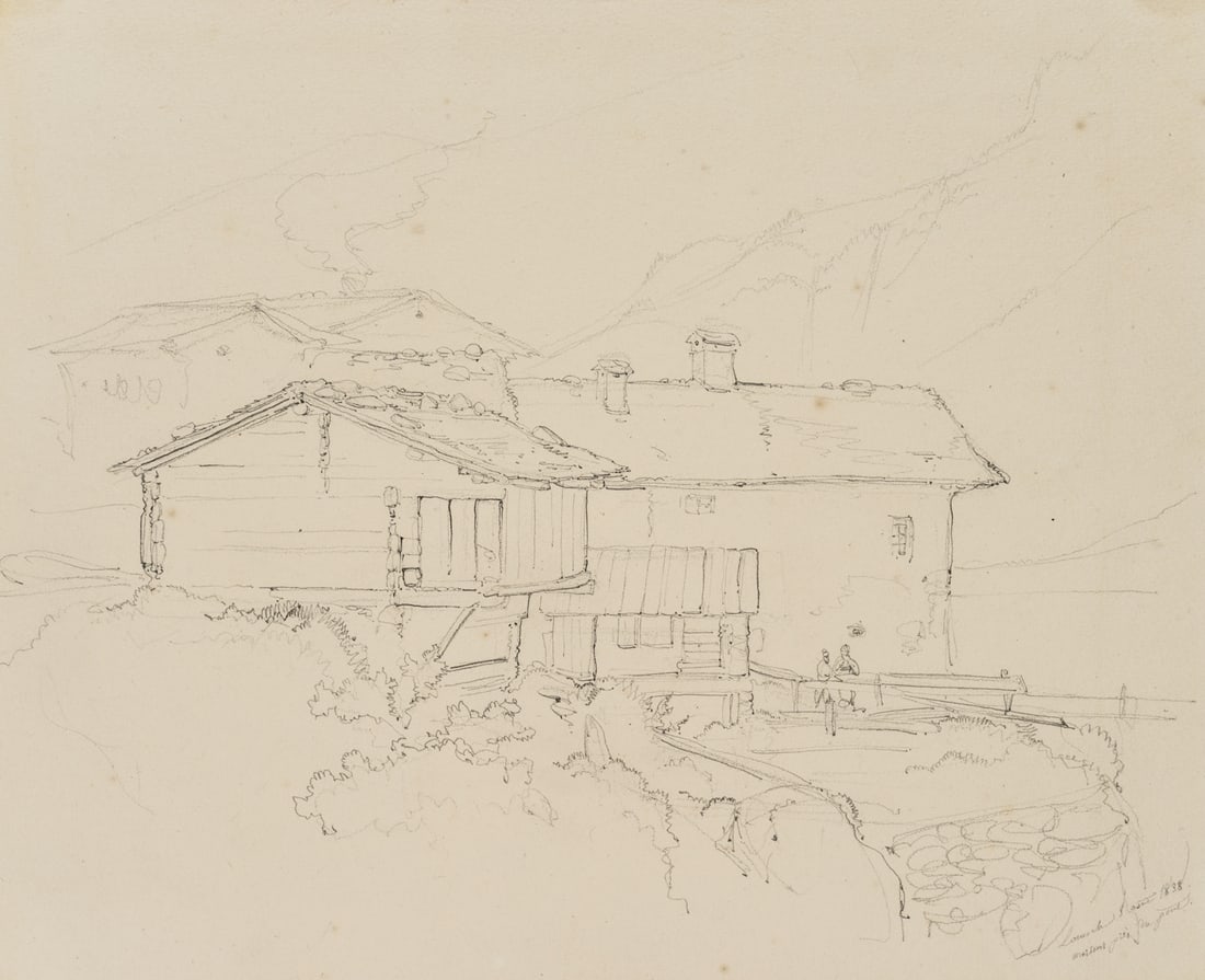 E. BRETENIÈRES (*1804), House by the bridge in Leukerbad, Switzerland, 1838, Pencil: Edmond de Bretenières (1804 Dijon - 1882 ibid.): House by the bridge in Leukerbad in the canton of Valais, "Louesch" "maison près la pont", journey to Switzerland, sketchbook, 1838, Pencil T
