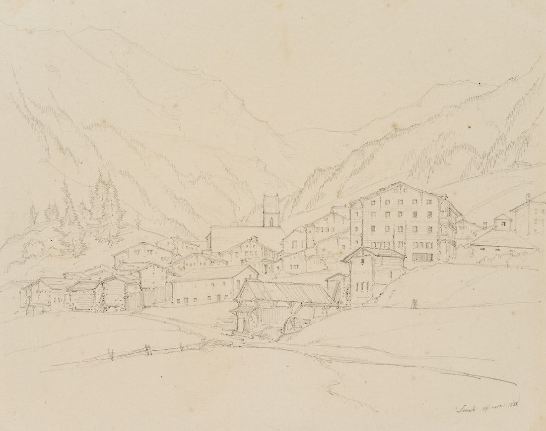 E. BRETENIÈRES (*1804), Leukerbad in Valais, Switzerland, 1838, Pencil: Edmond de Bretenières (1804 Dijon - 1882 ibid.): View of the town of Leukerbad in the canton of Valais, "Vue generale de Louesch les Bains", Loéche-les-Bains, Leiggerbad, Journey to Switzerl