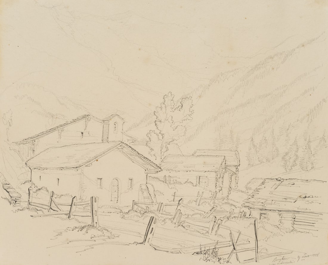 E. BRETENIÈRES (*1804), The village of Bürghen near Leuk, Switzerland, 1838, Pencil: Edmond de Bretenières (1804 Dijon - 1882 ibid.): The village of Bürghen or Bürchen near Leuk in the canton of Valais, Loéche, Leigg, "Bürghen Vallée de Louesch", Journey 