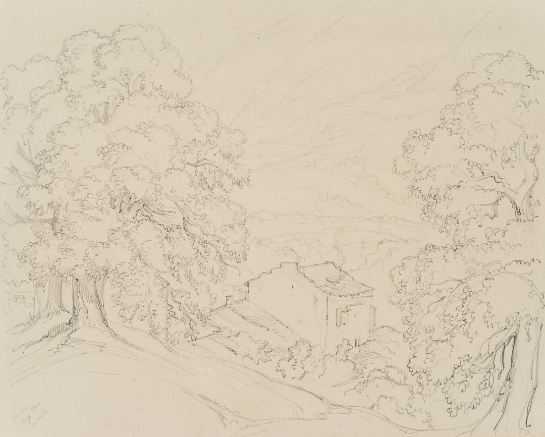 E. BRETENIÈRES (*1804), House in Stalden, Valais, Switzerland, 1838, Pencil: Edmond de Bretenières (1804 Dijon - 1882 ibid.): View from the forest over a house in Stalden in Vispertal in the canton of Valais, Journey to Switzerland, Sketchbook, 1838, Pencil Technique: Pen